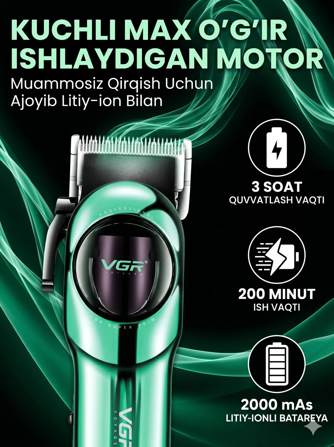 VGR V-166 Professional Soch Olish Mashinkasi, Kuchli Motor, 200 daqiqa, 2000mAh