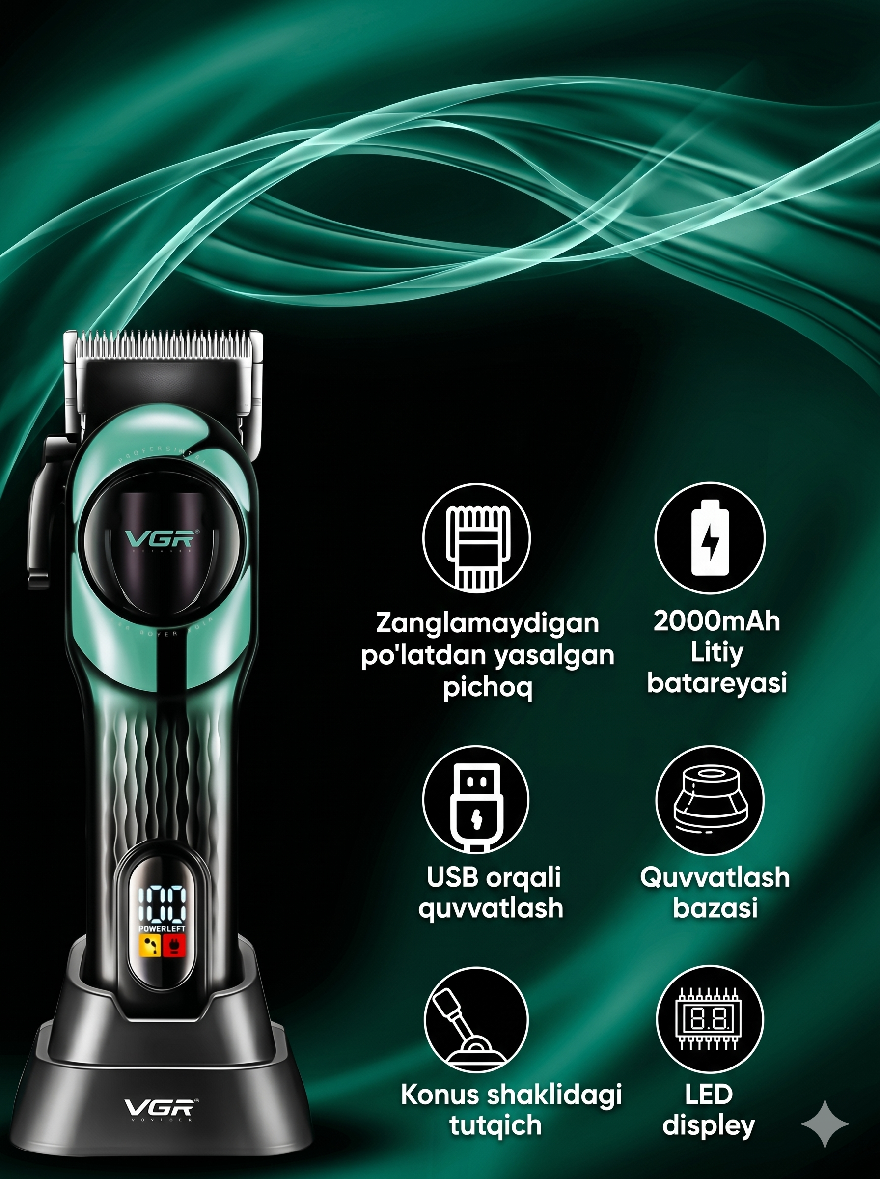 VGR V-166 Professional Soch Olish Mashinkasi, Kuchli Motor, 200 daqiqa, 2000mAh