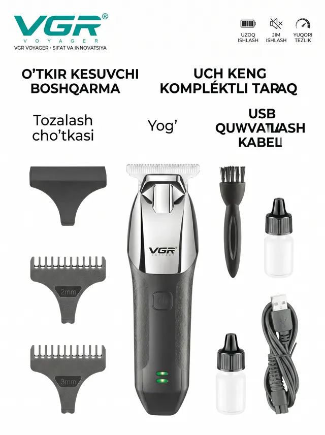 Soch va soqol olish uchun professional trimmer VGR V-171, Xrom