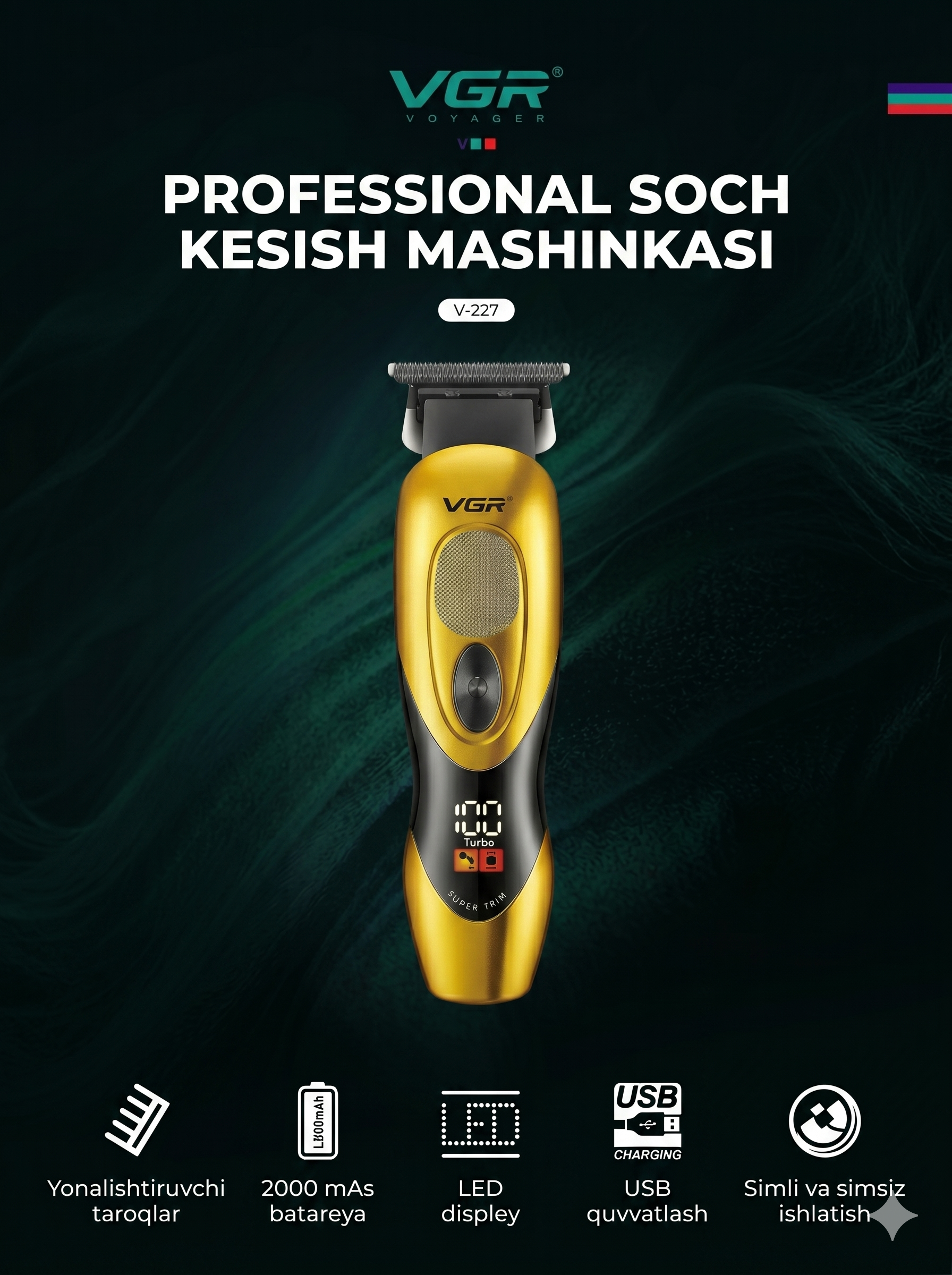 VGR V-227 Oltin T-pichoqli Trimmer, 300 daqiqa, LED, Simli+Simsiz, 3 Nasadka - 6