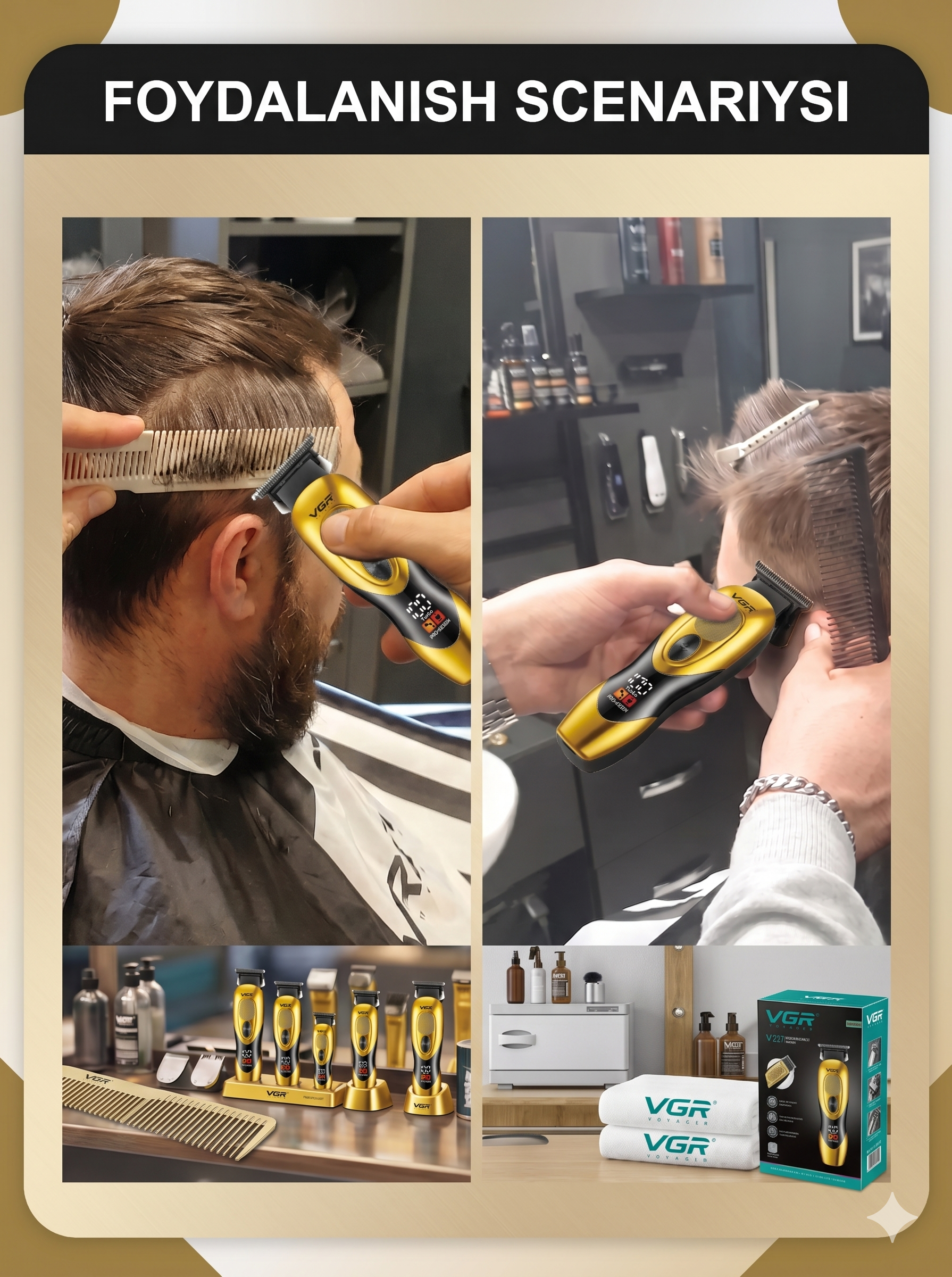 VGR V-227 Oltin T-pichoqli Trimmer, 300 daqiqa, LED, Simli+Simsiz, 3 Nasadka - 3