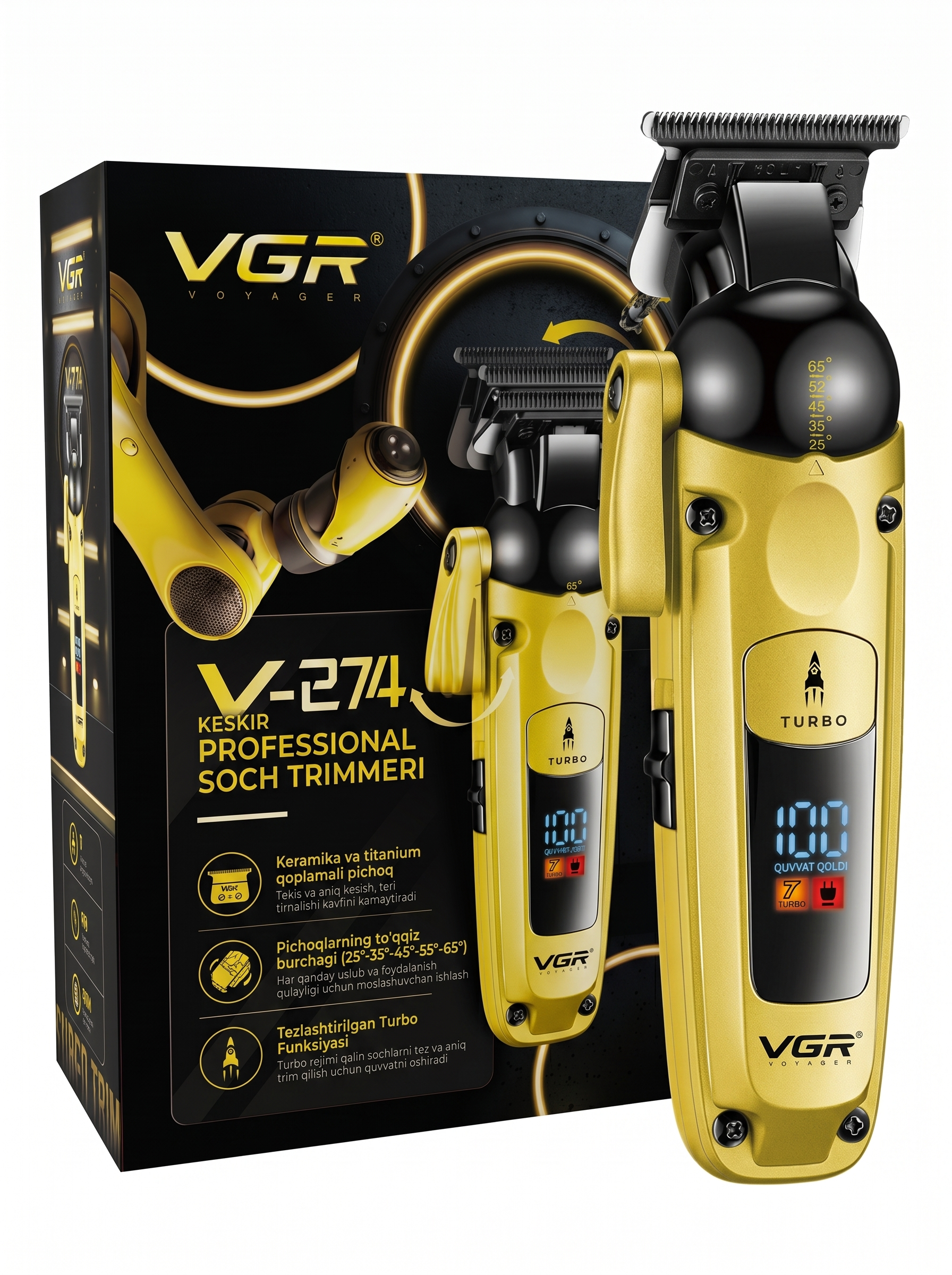 VGR V-274 Professional Trimmer, Sozlanadigan Burchak 25-65°, Keramika+Titan, Type-C, 5 Nasadka - 8