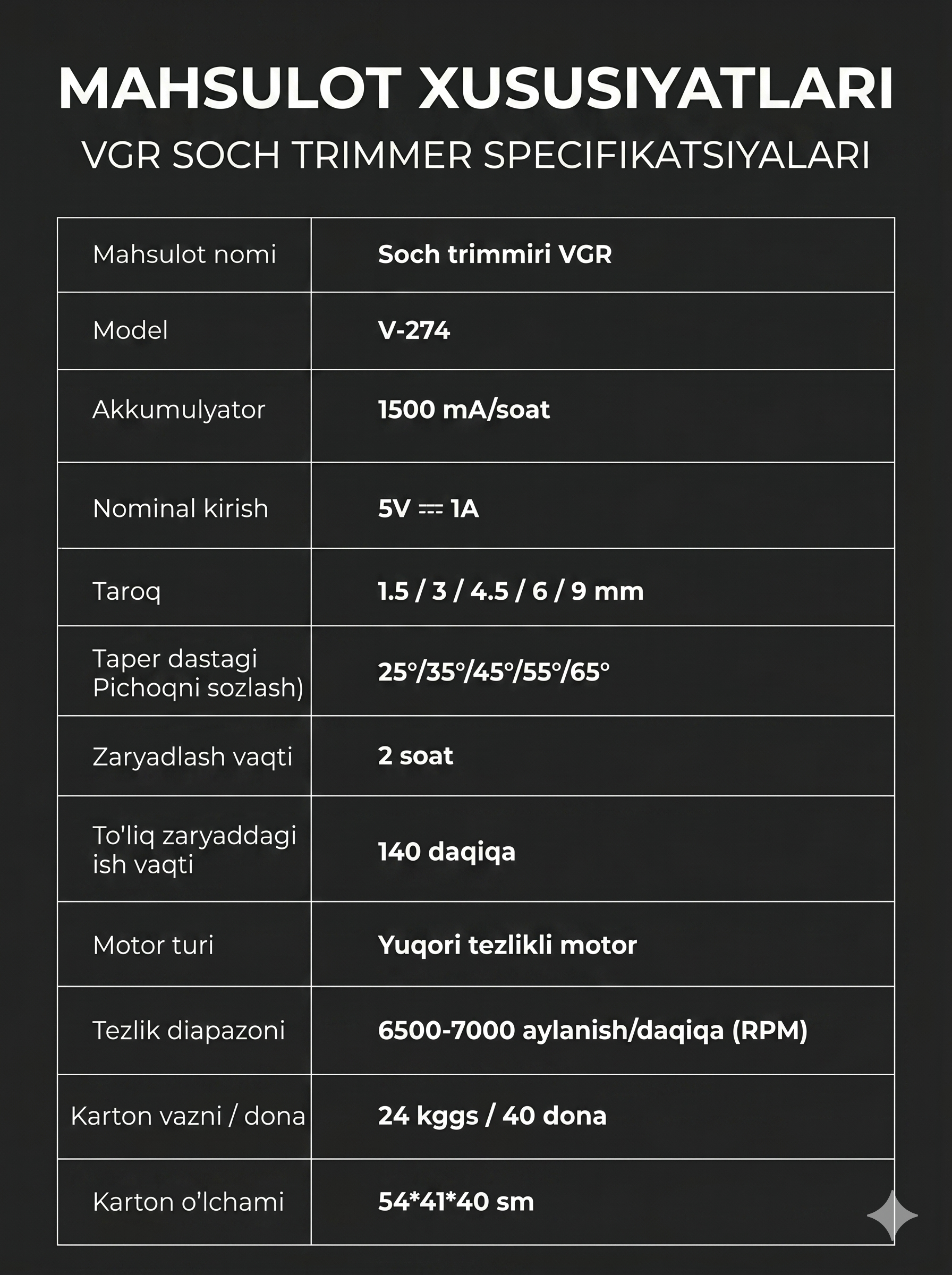 VGR V-274 Professional Trimmer, Sozlanadigan Burchak 25-65°, Keramika+Titan, Type-C, 5 Nasadka - 7