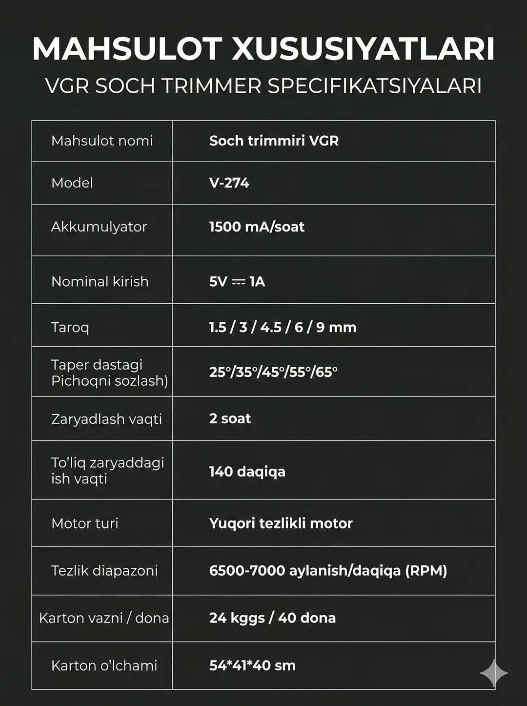 VGR V-274 Professional Trimmer, Sozlanadigan Burchak 25-65°, Keramika+Titan, Type-C, 5 Nasadka