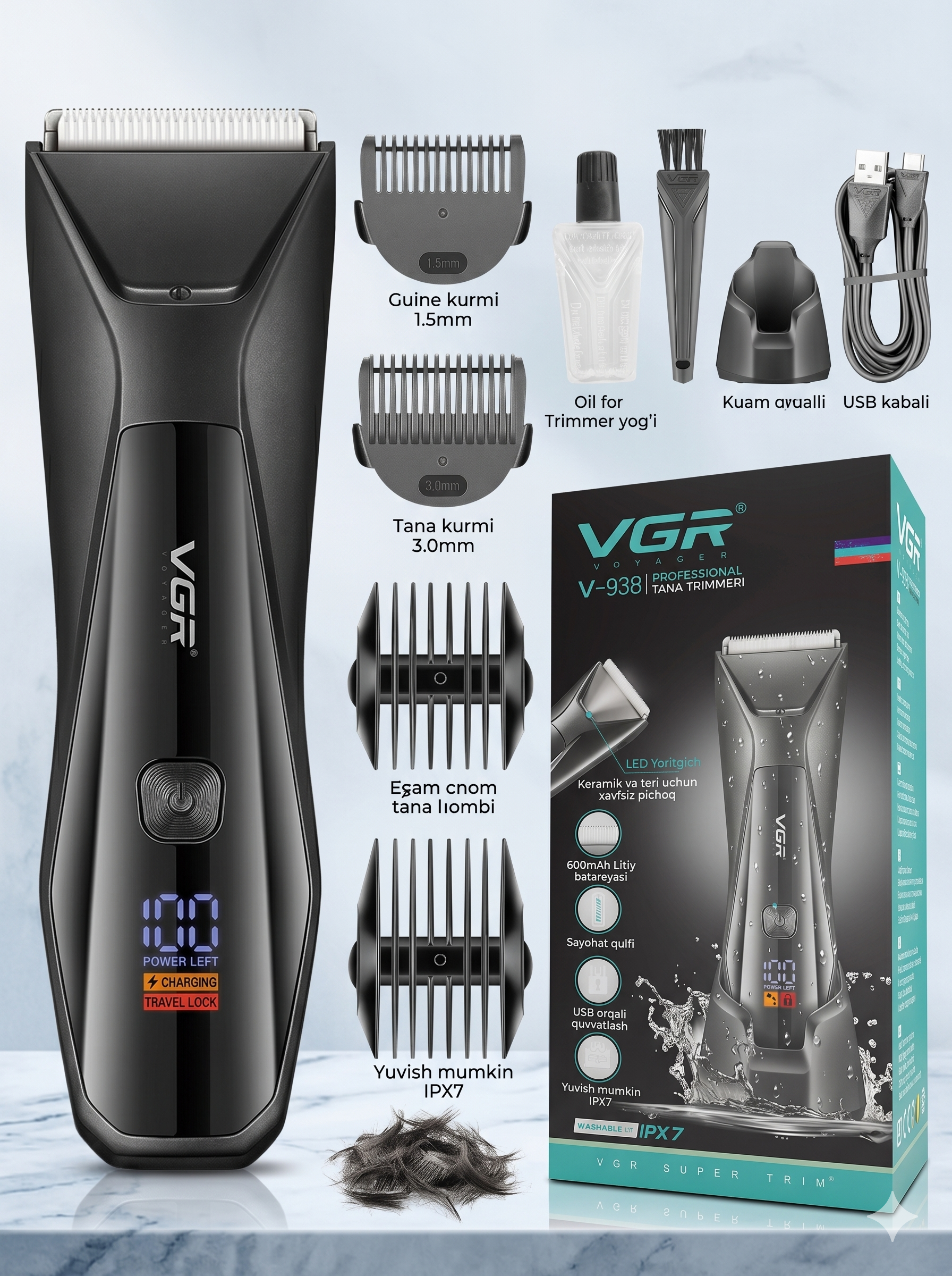 VGR V-938 Professional Tana Trimmeri, Keramika Pichoq, IPX7, AFA Litsenziyali - 8