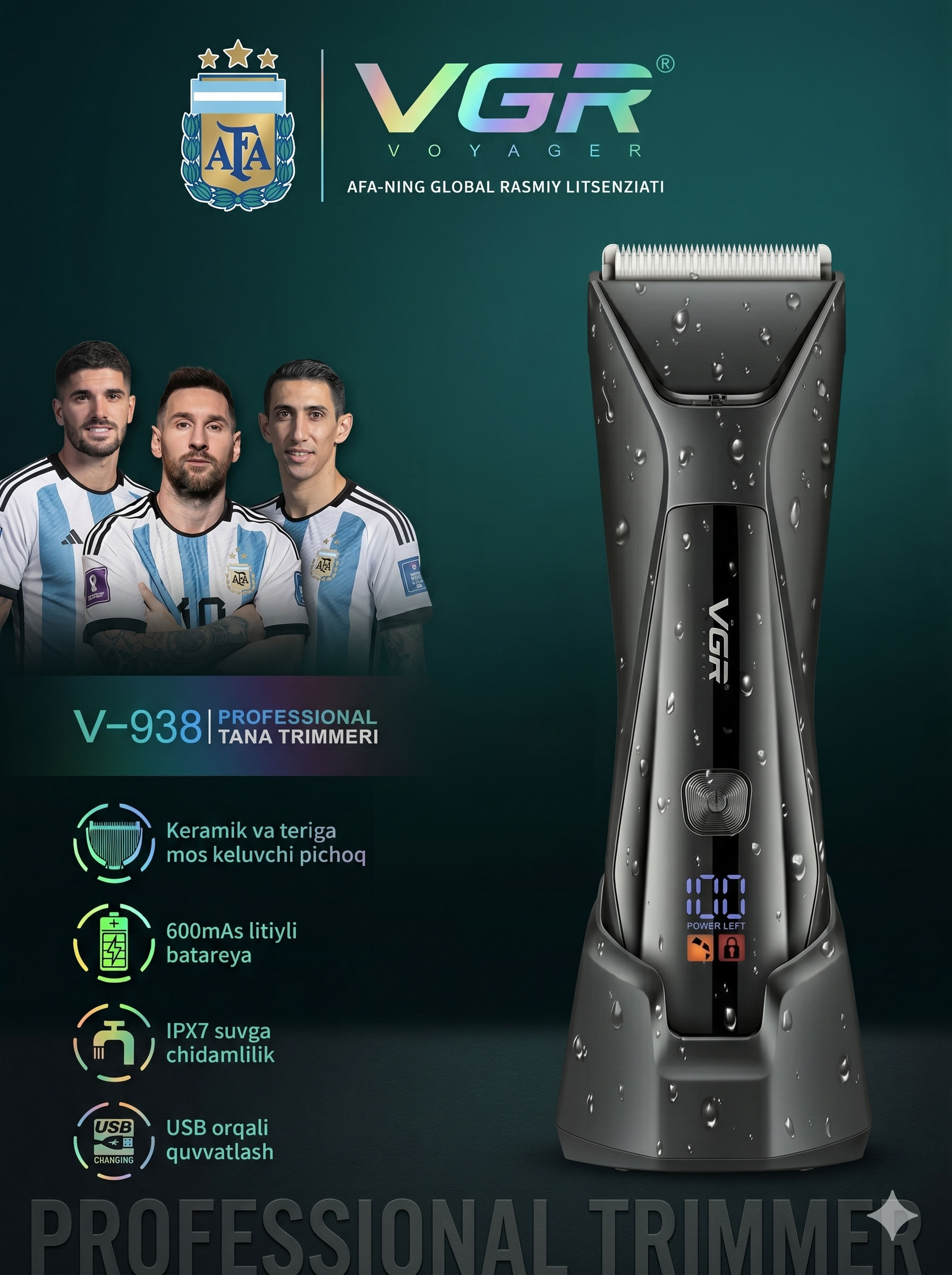 VGR V-938 Professional Tana Trimmeri, Keramika Pichoq, IPX7, AFA Litsenziyali