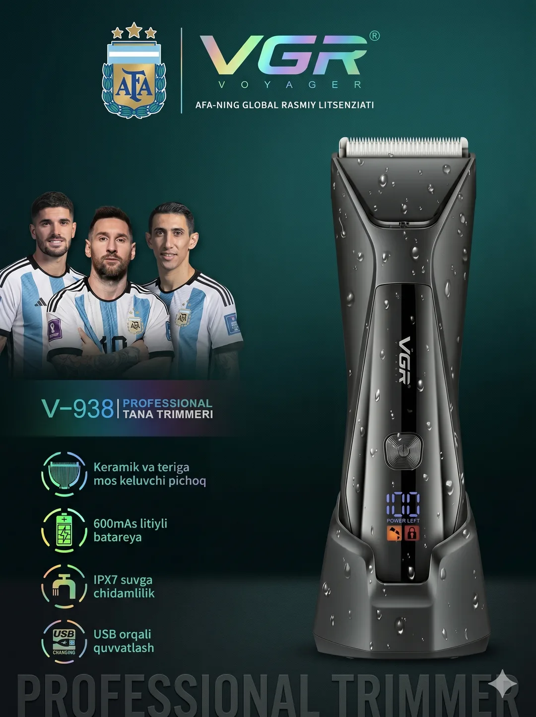 VGR V-938 Professional Tana Trimmeri, Keramika Pichoq, IPX7, AFA Litsenziyali