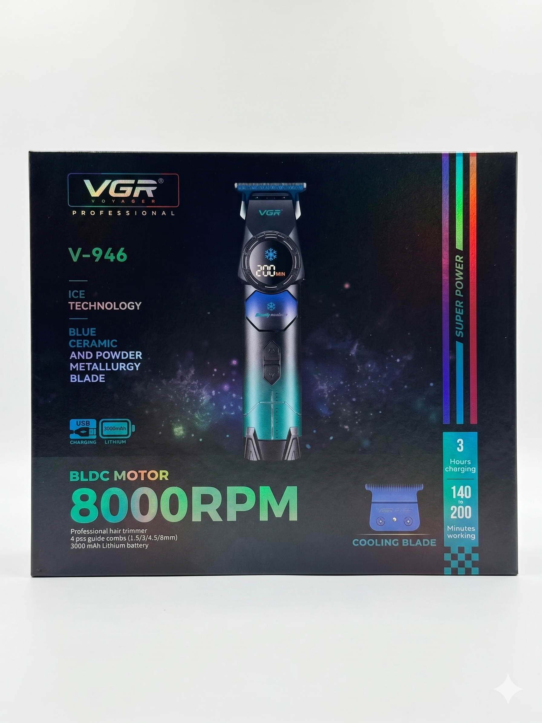 VGR V-946 ICE Technology Soch Trimmeri, BLDC 8000 RPM, 5 Nasadka, LED, Ko'k - 7