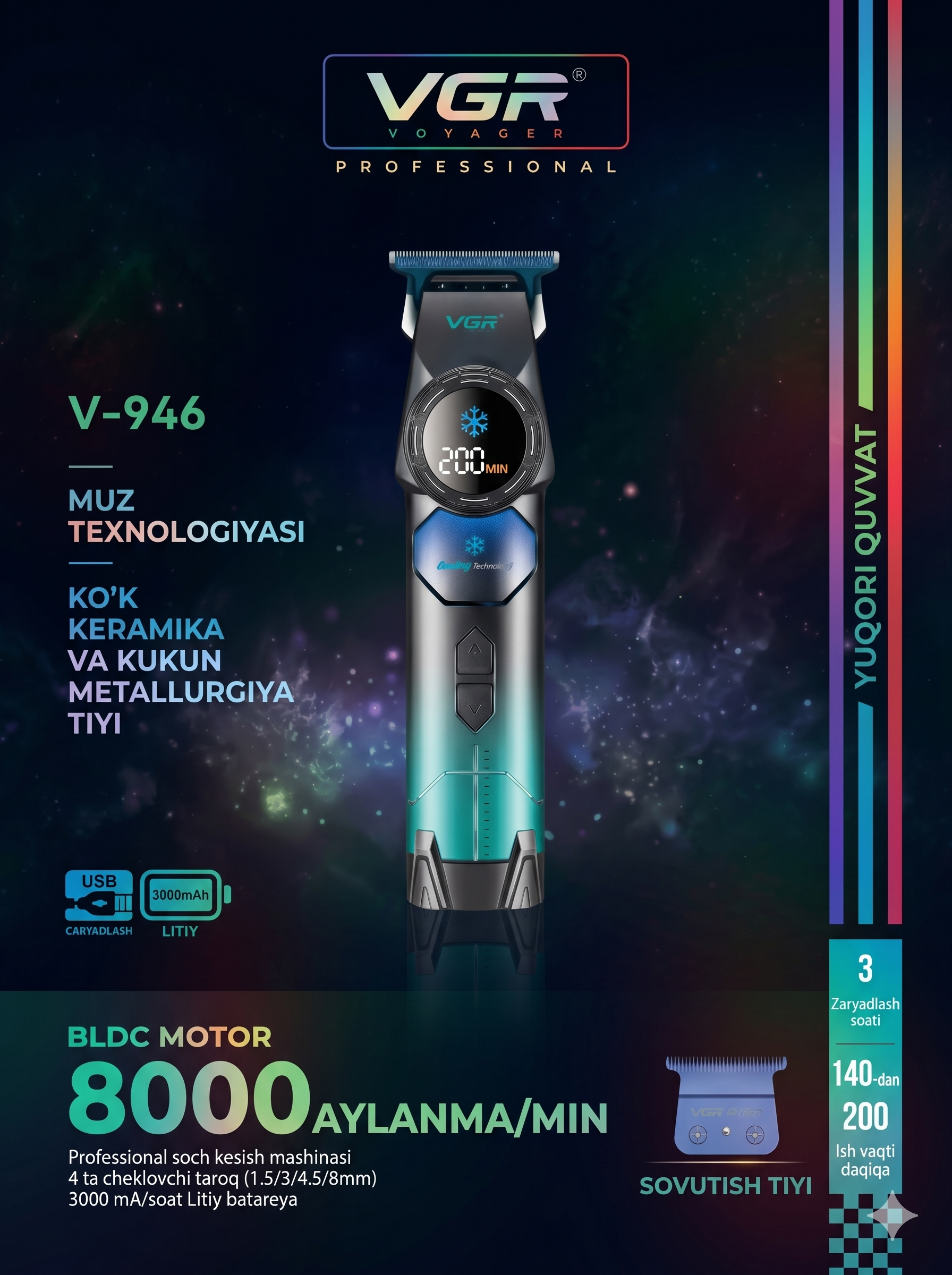 VGR V-946 ICE Technology Soch Trimmeri, BLDC 8000 RPM, 5 Nasadka, LED, Ko'k