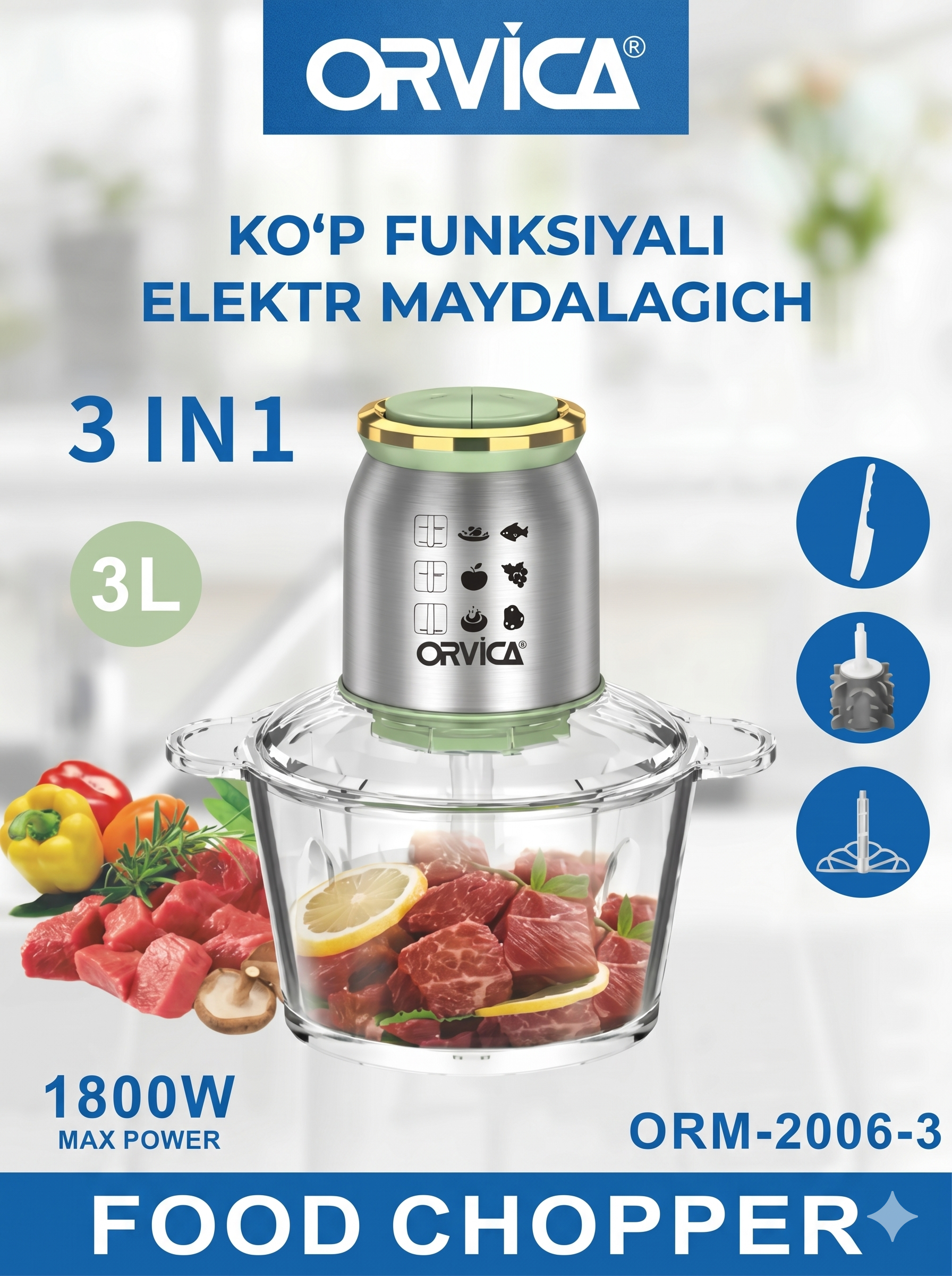ORVICA ORM-2006-3 3-ta-1da Elektr Maydalagich, 3L Shisha Idish, 1800W, 4 Pichoq, 2 Tezlik