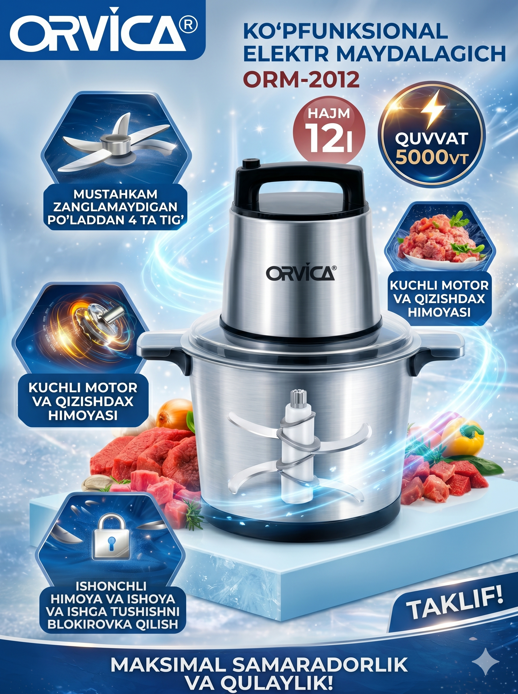 ORVICA ORM-2012 Ko'pfunksional Elektr Maydalagich, 12L Po'lat Idish, 5000W, Blokirovka