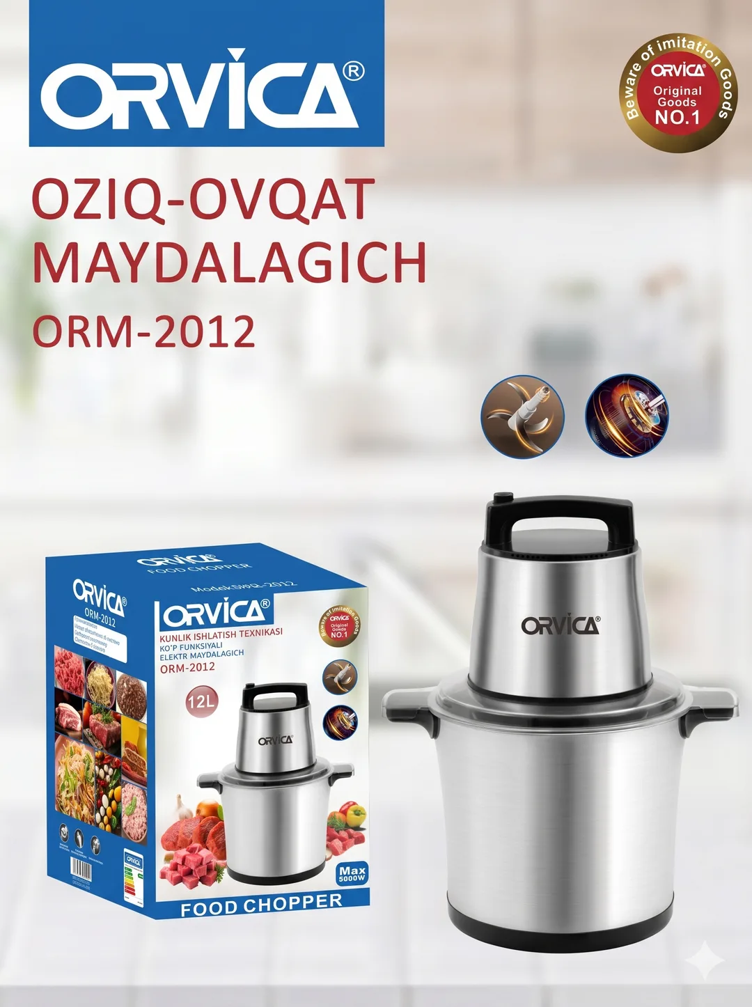 ORVICA ORM-2012 Ko'pfunksional Elektr Maydalagich, 12L Po'lat Idish, 5000W, Blokirovka