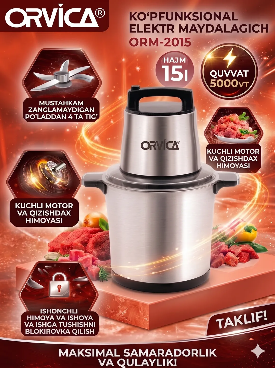 ORVICA ORM-2015 Ko'pfunksional Elektr Maydalagich, 15L Po'lat Idish, 5000W, Po'lat Rulmani