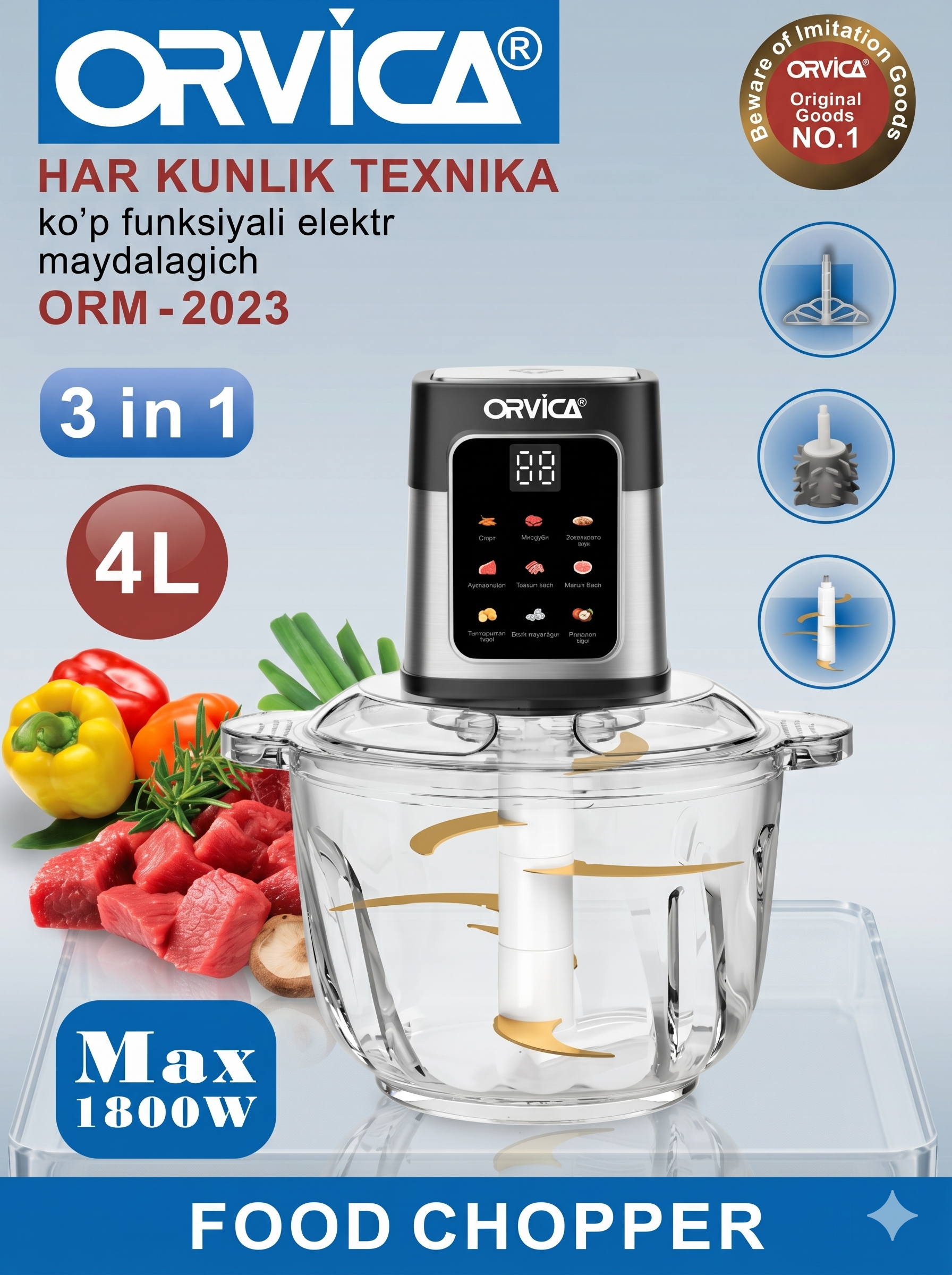 ORVICA ORM-2023 3-ta-1da Elektr Maydalagich, 4L Shisha Idish, 1800W, Sensorli LED Displey