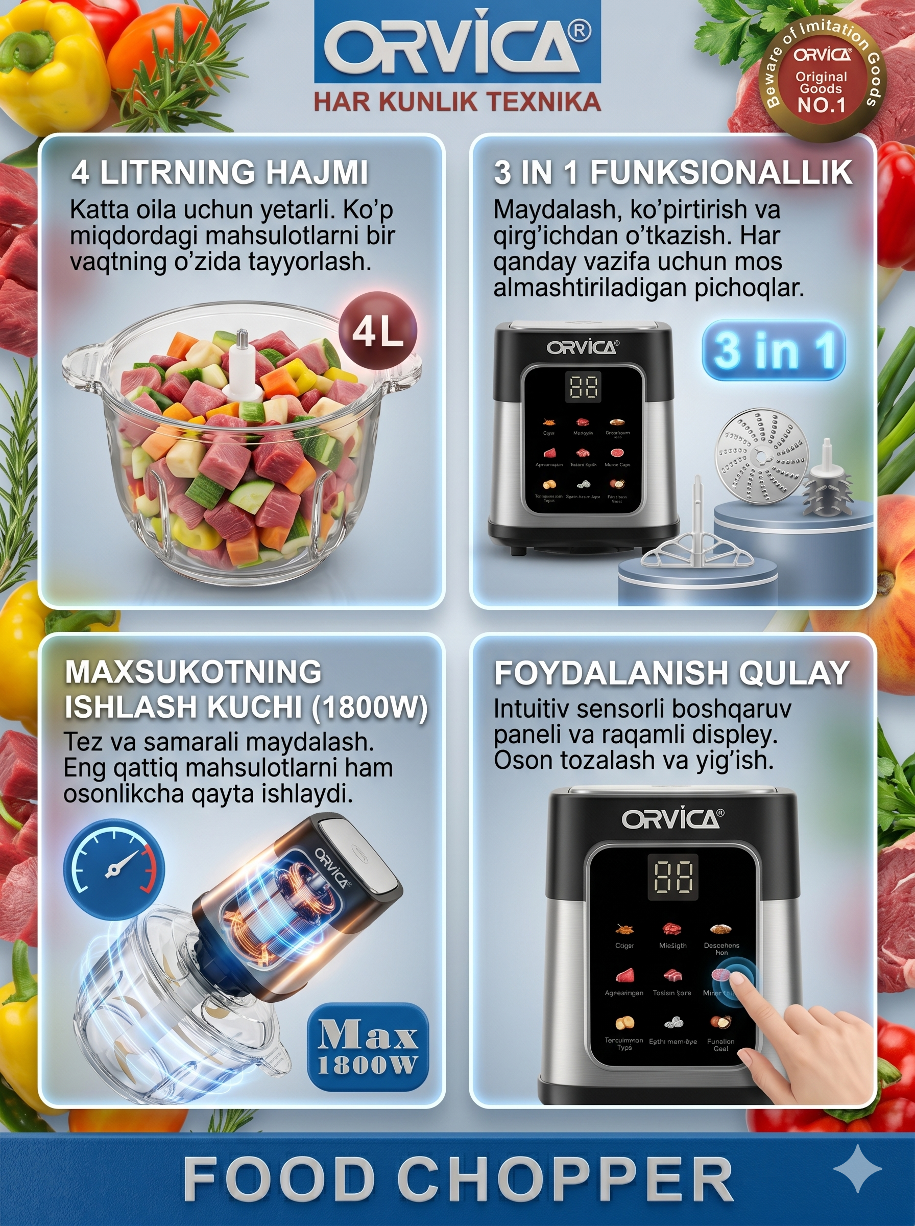 ORVICA ORM-2023 3-ta-1da Elektr Maydalagich, 4L Shisha Idish, 1800W, Sensorli LED Displey - 2
