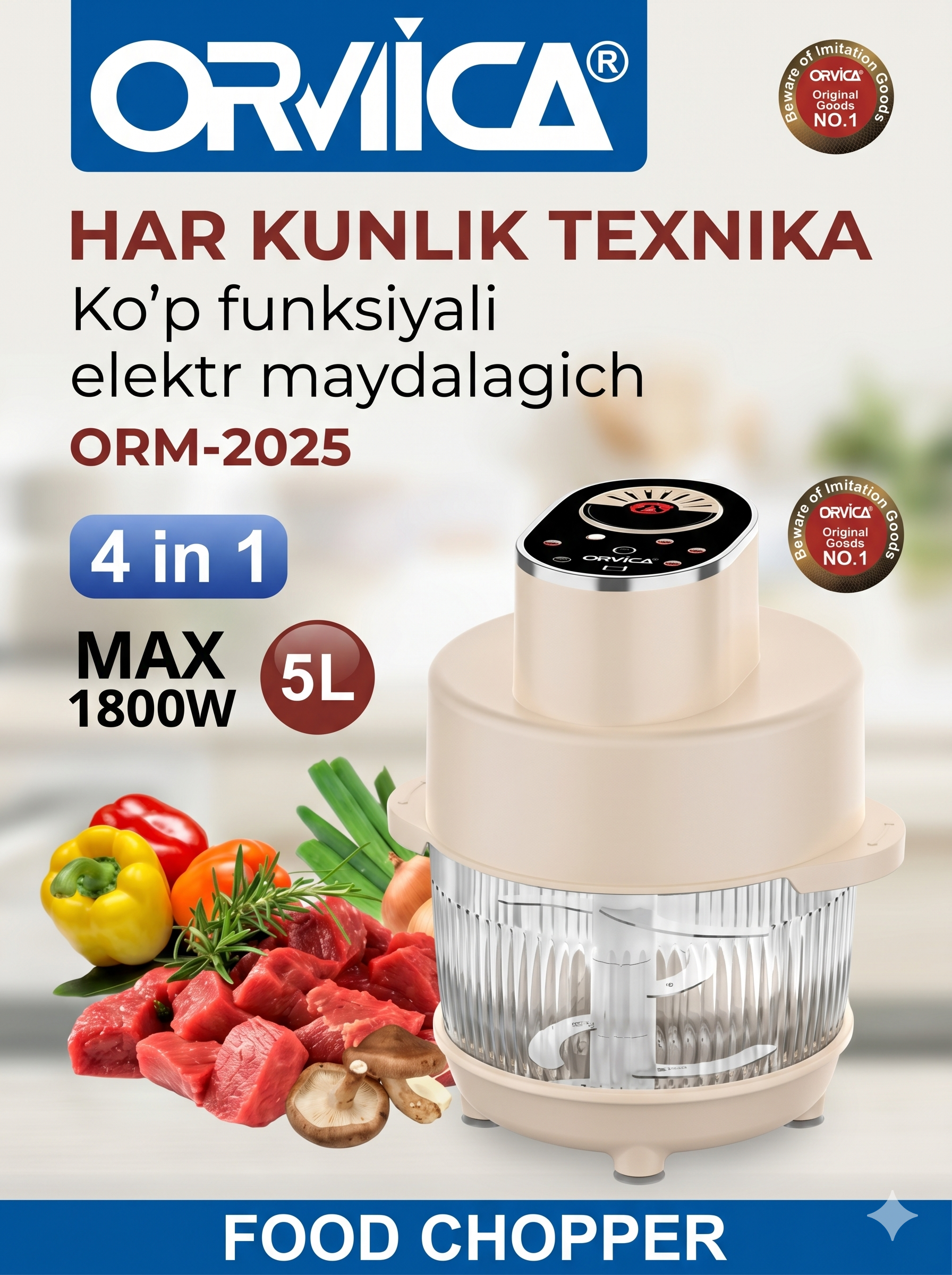 ORVICA ORM-2025 4-ta-1da Professional Food Chopper, 5L Shaffof Idish, 1800W, Analog Dial + Sensor - 2