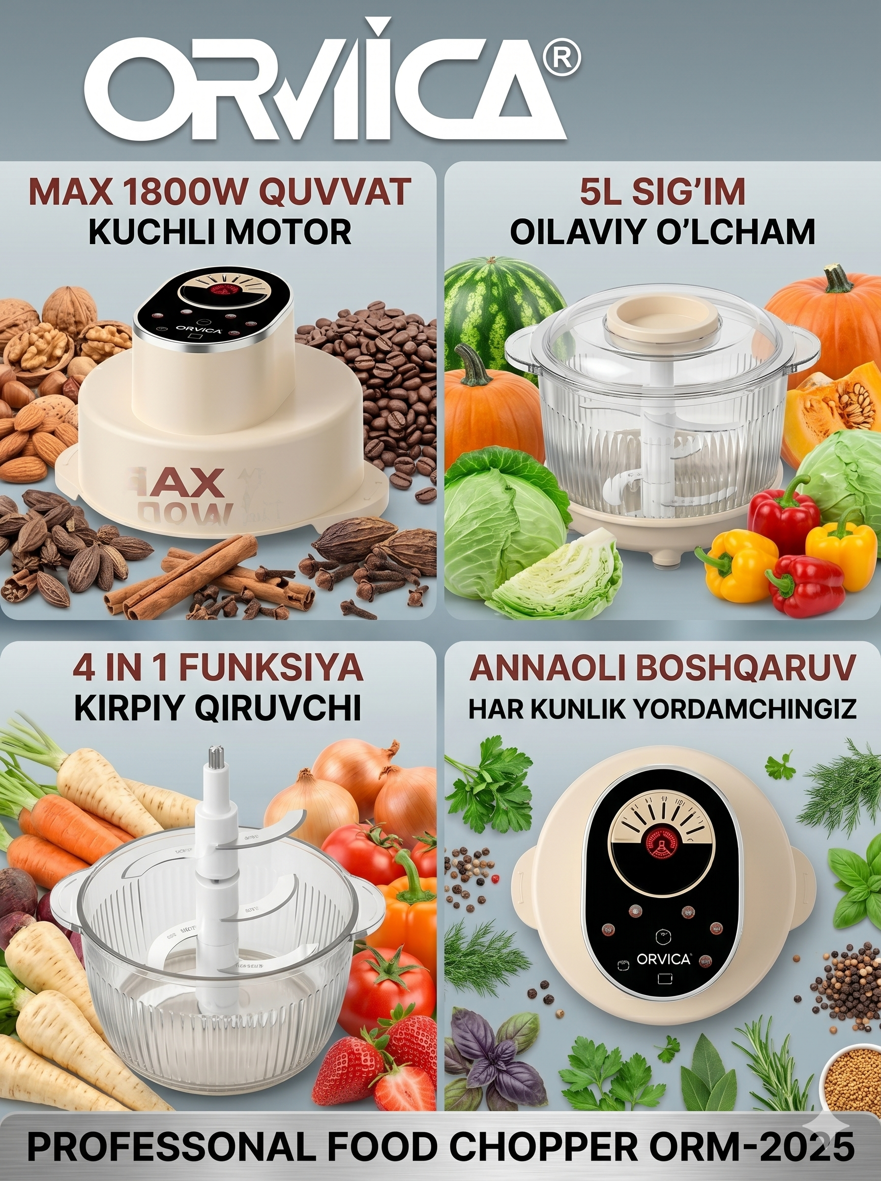 ORVICA ORM-2025 4-ta-1da Professional Food Chopper, 5L Shaffof Idish, 1800W, Analog Dial + Sensor - 3