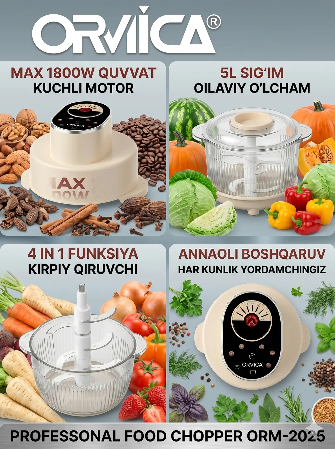 ORVICA ORM-2025 4-ta-1da Professional Food Chopper, 5L Shaffof Idish, 1800W, Analog Dial + Sensor