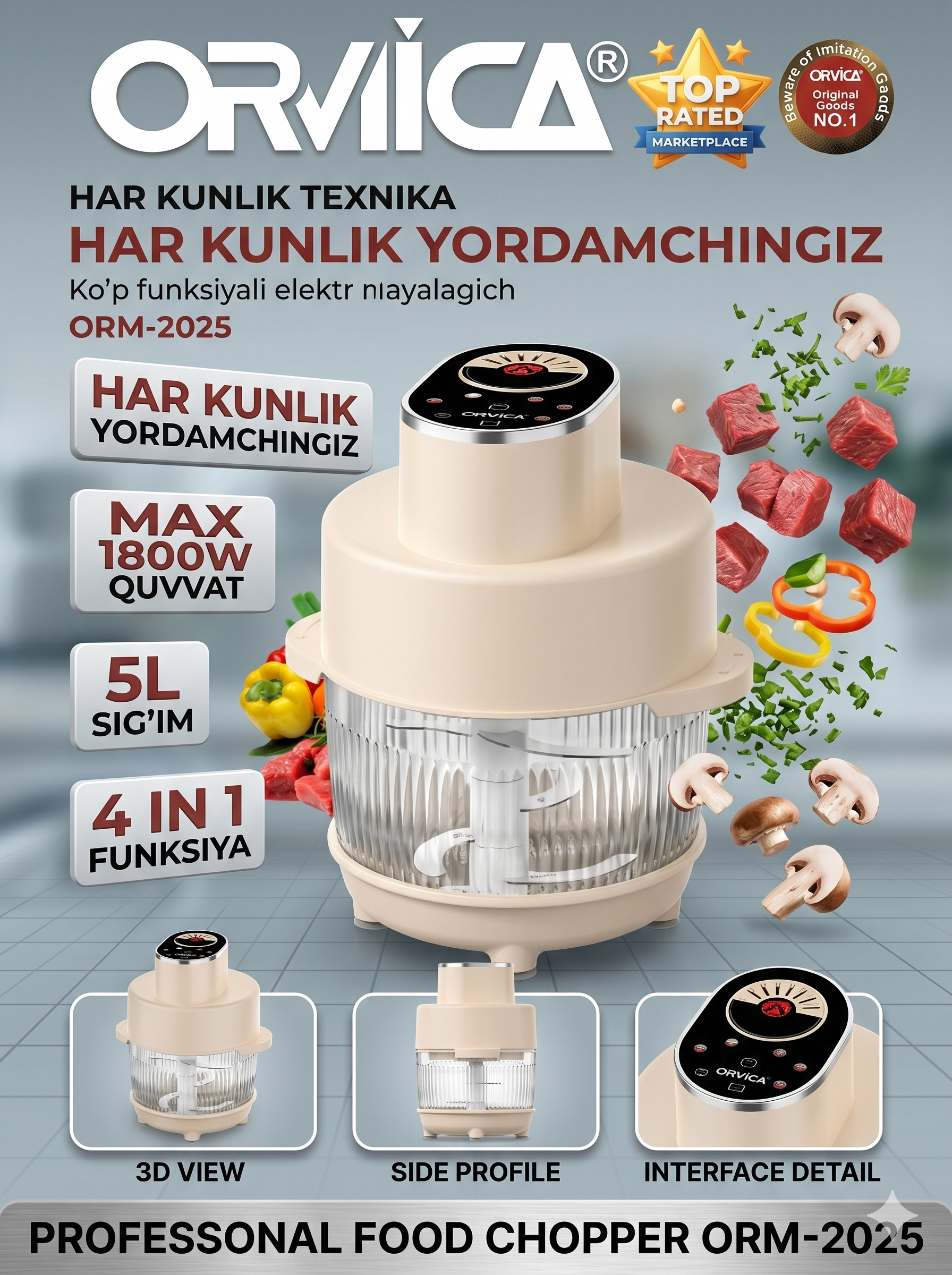 ORVICA ORM-2025 4-ta-1da Professional Food Chopper, 5L Shaffof Idish, 1800W, Analog Dial + Sensor