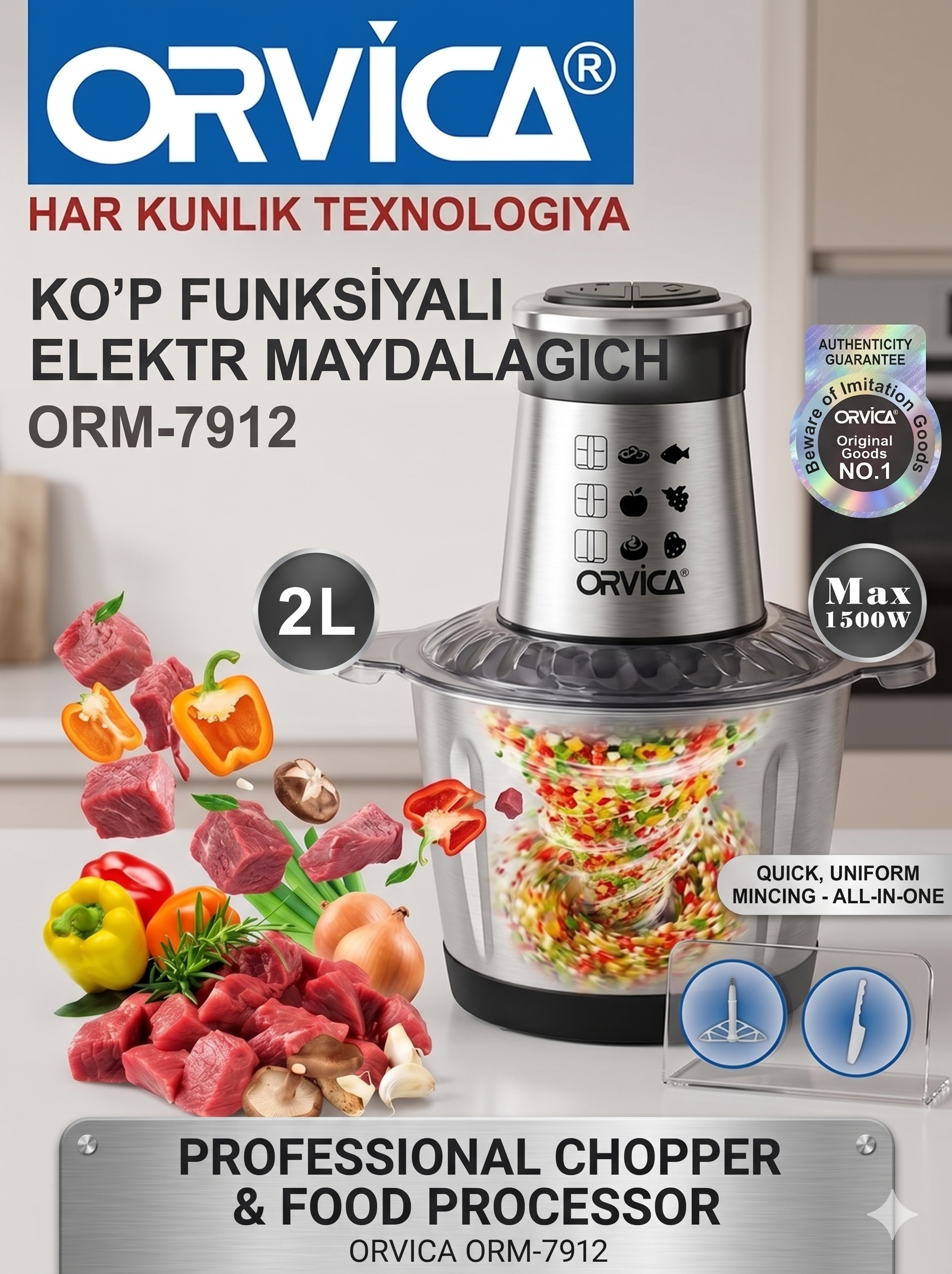 ORVICA ORM-7912 Professional Chopper, 2L Zanglamas Po'lat Idish, 1500W, Tezkor Maydalash