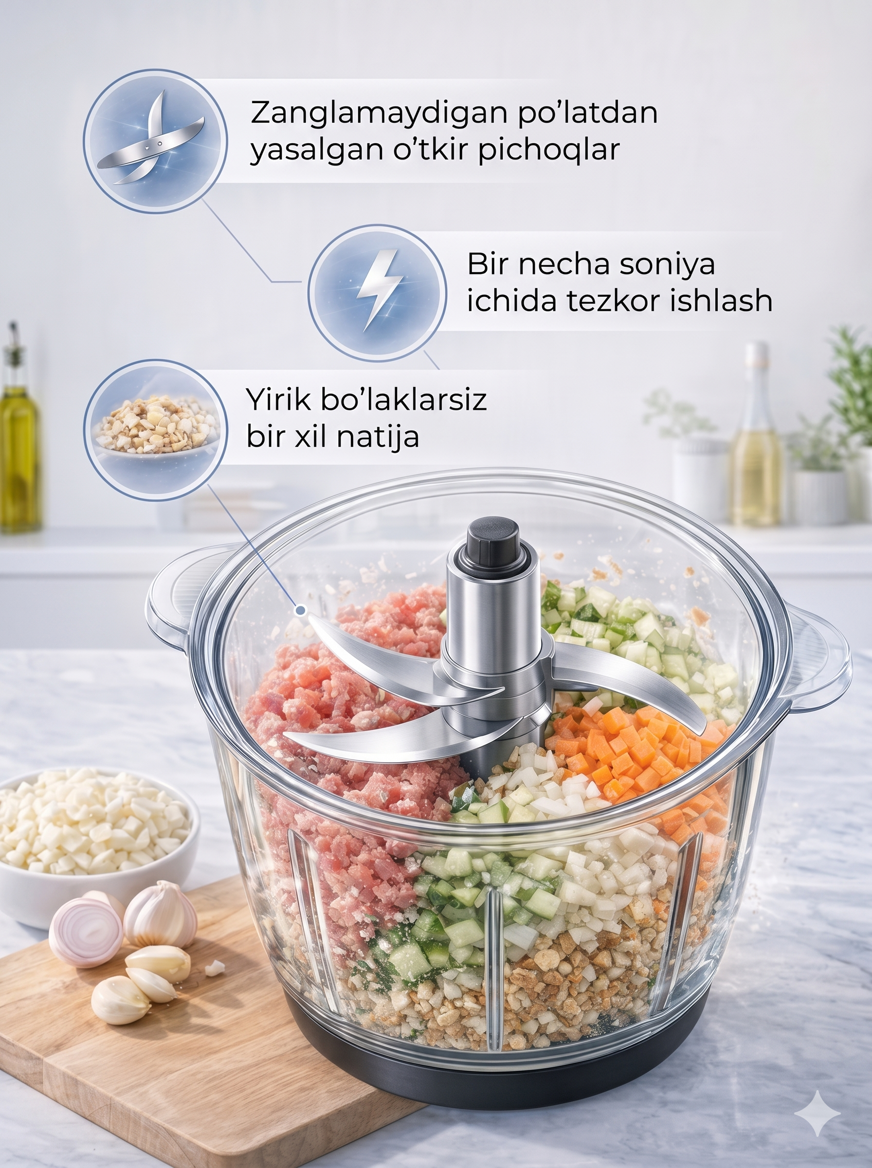 ORVICA ORM-7913 Elektr Maydalagich, Zanglamas Po'lat Idish, Oq Korpus, O'tkir Pichoqlar - 2