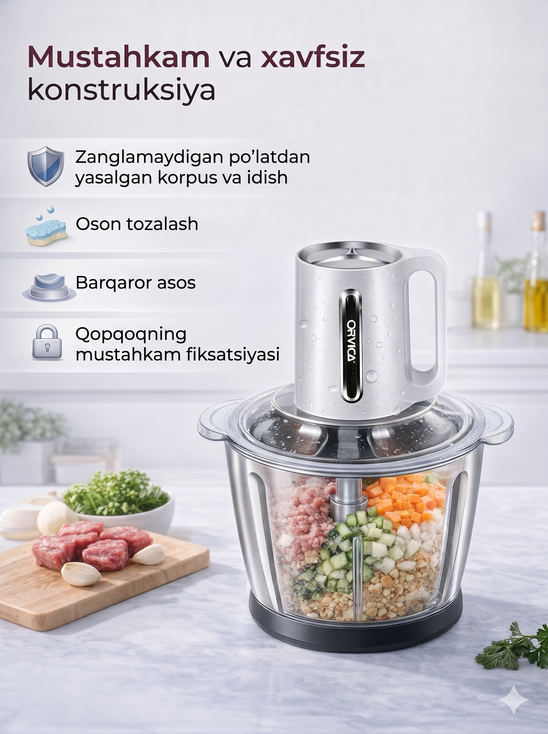 ORVICA ORM-7913 Elektr Maydalagich, Zanglamas Po'lat Idish, Oq Korpus, O'tkir Pichoqlar - 5