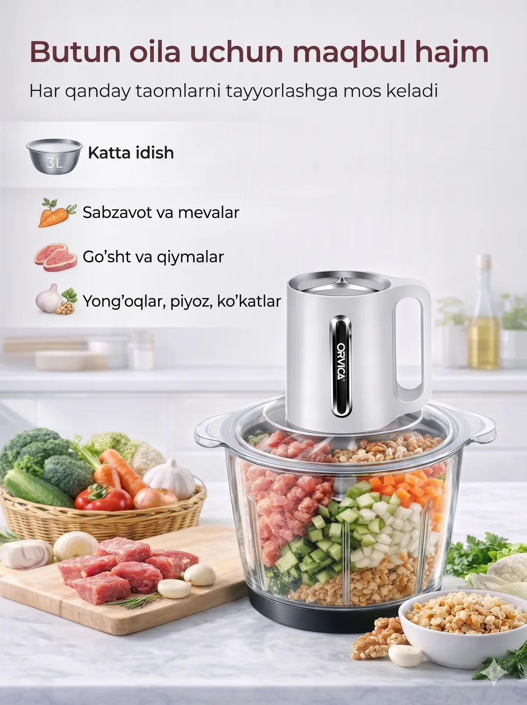 ORVICA ORM-7913 Elektr Maydalagich, Zanglamas Po'lat Idish, Oq Korpus, O'tkir Pichoqlar