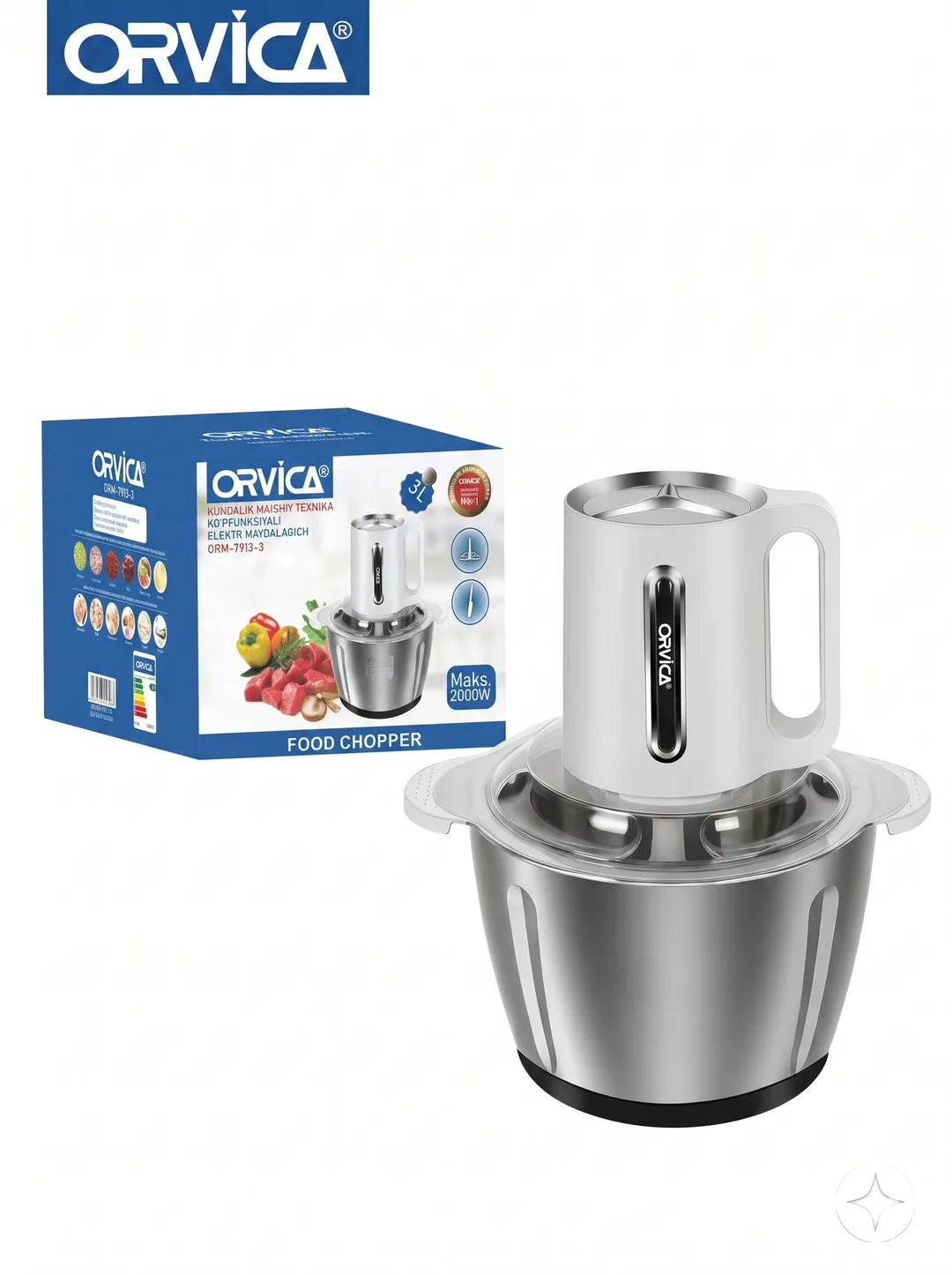 ORVICA ORM-7913-3 Food Chopper, 3L Zanglamas Po'lat Idish, 2000W, Professional, Oq Korpus