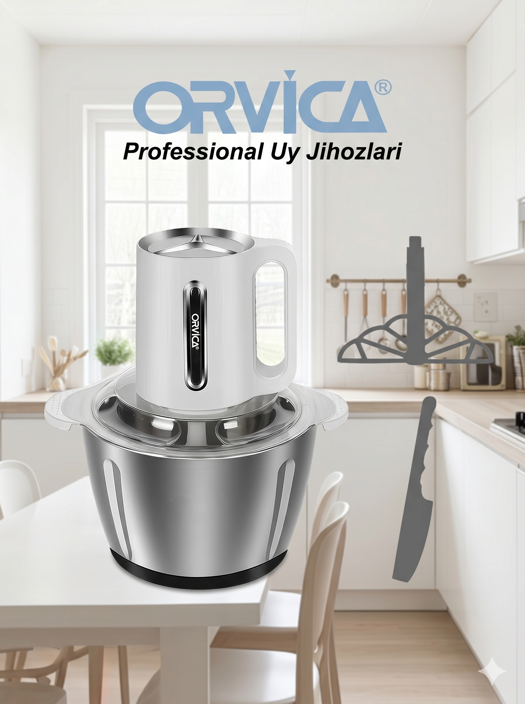 ORVICA ORM-7913-3 Food Chopper, 3L Zanglamas Po'lat Idish, 2000W, Professional, Oq Korpus - 3
