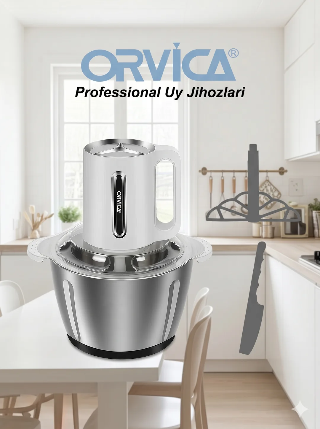 ORVICA ORM-7913-3 Food Chopper, 3L Zanglamas Po'lat Idish, 2000W, Professional, Oq Korpus