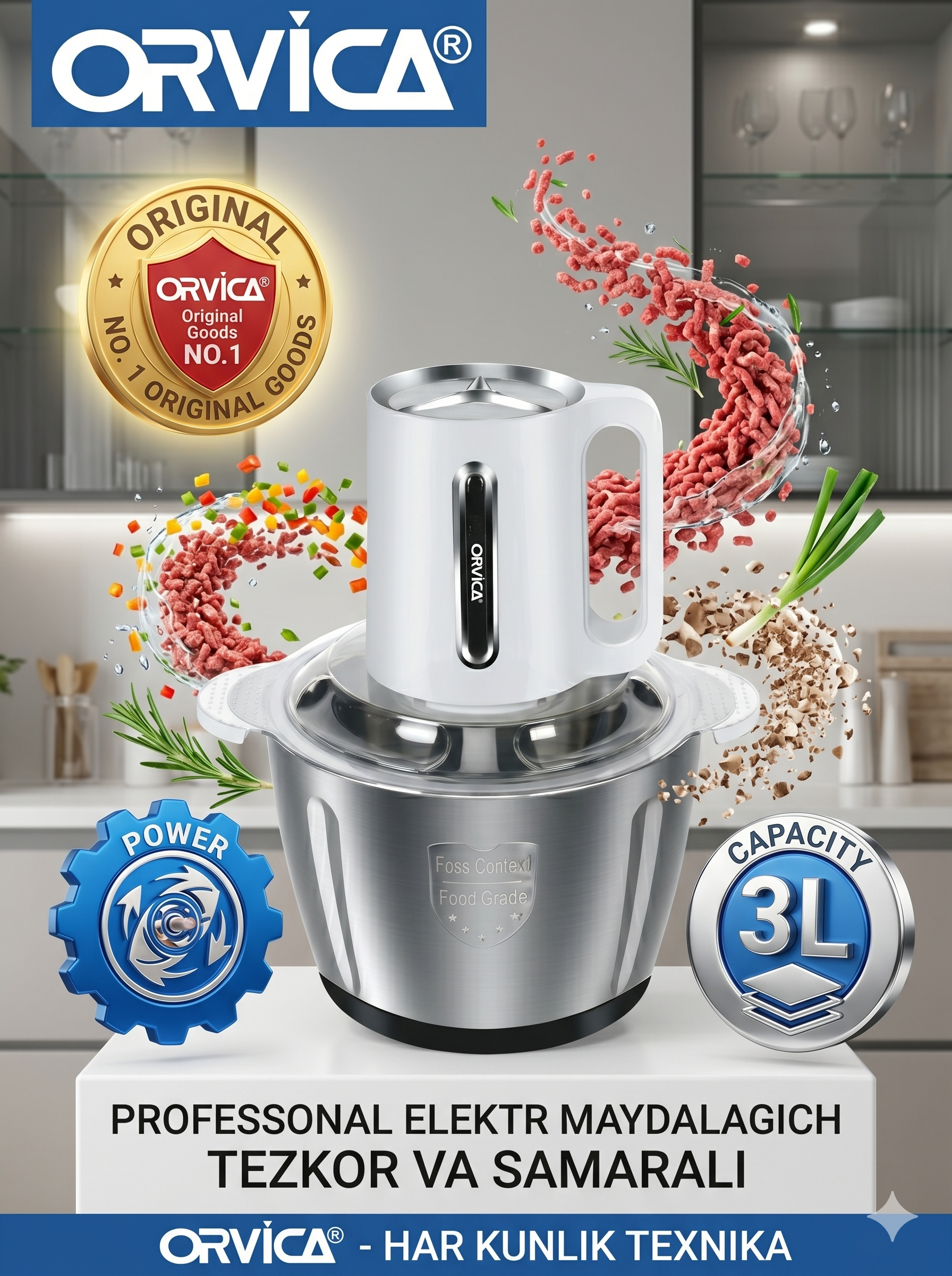 ORVICA ORM-7913-3 Food Chopper, 3L Zanglamas Po'lat Idish, 2000W, Professional, Oq Korpus
