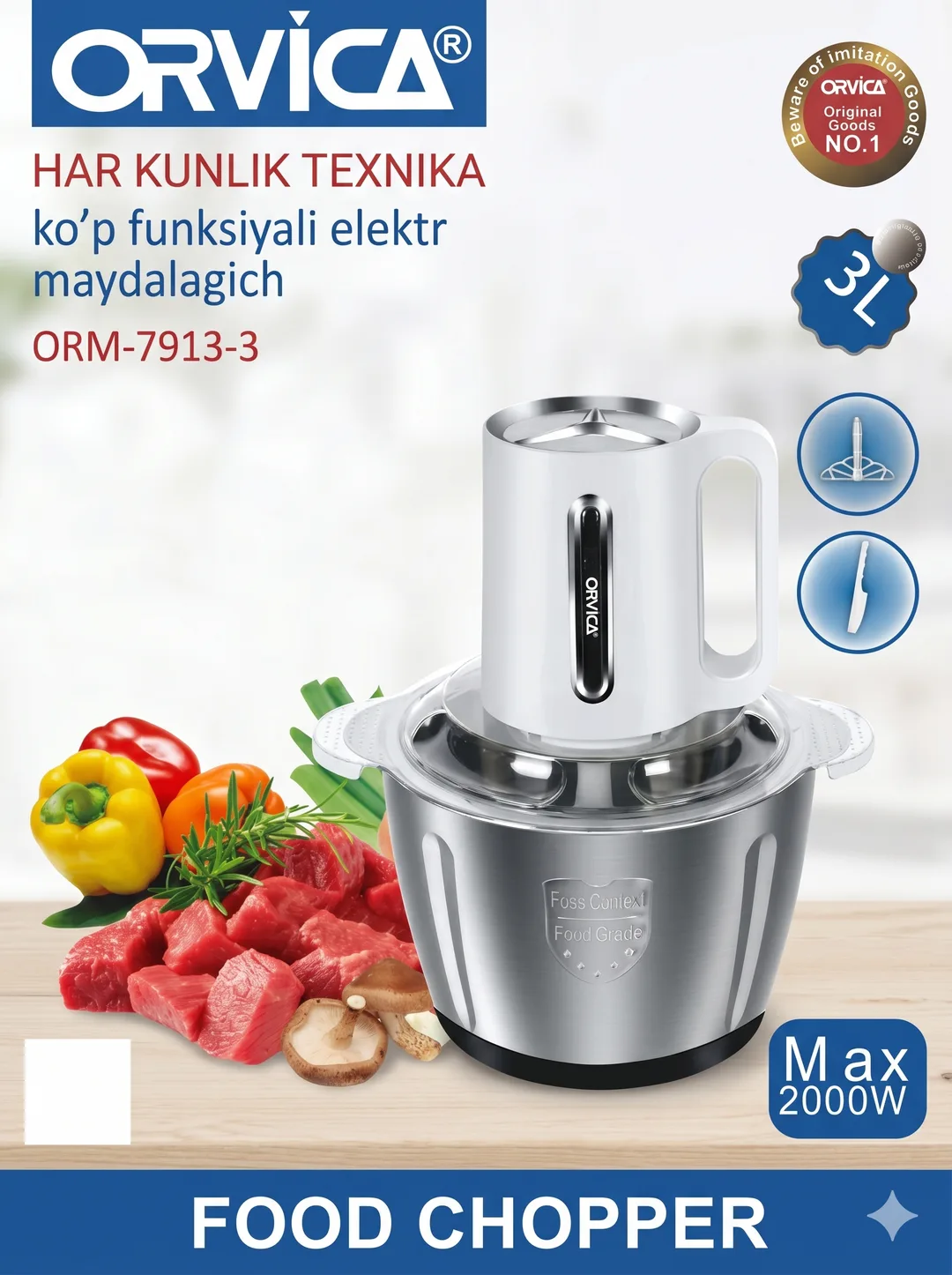ORVICA ORM-7913-3 Food Chopper, 3L Zanglamas Po'lat Idish, 2000W, Professional, Oq Korpus