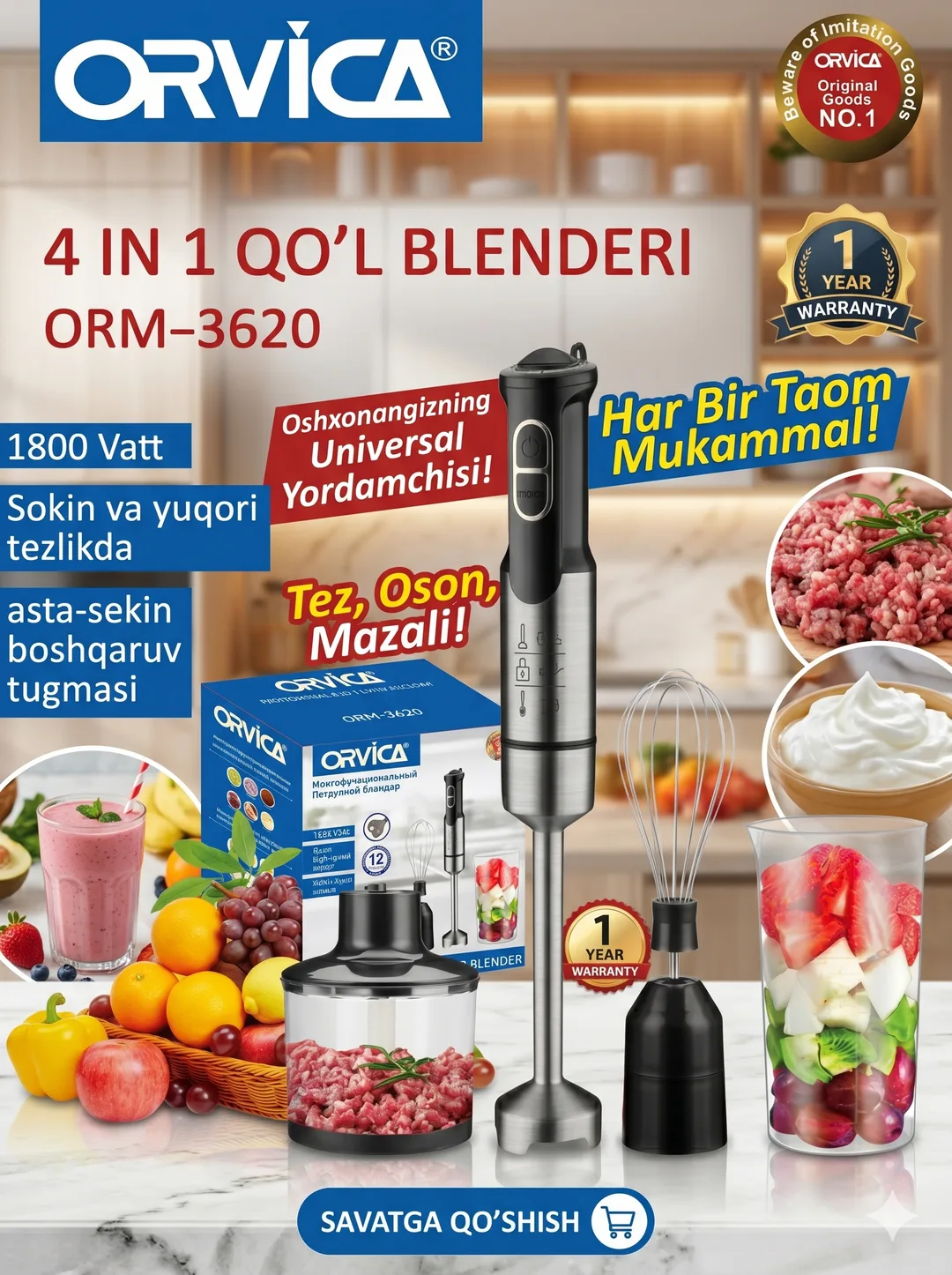 ORVICA ORM-3622 5 Funksiyali Qo'l Blenderi, 1800W, 12 Tezlik + Turbo, To'liq Komplekt