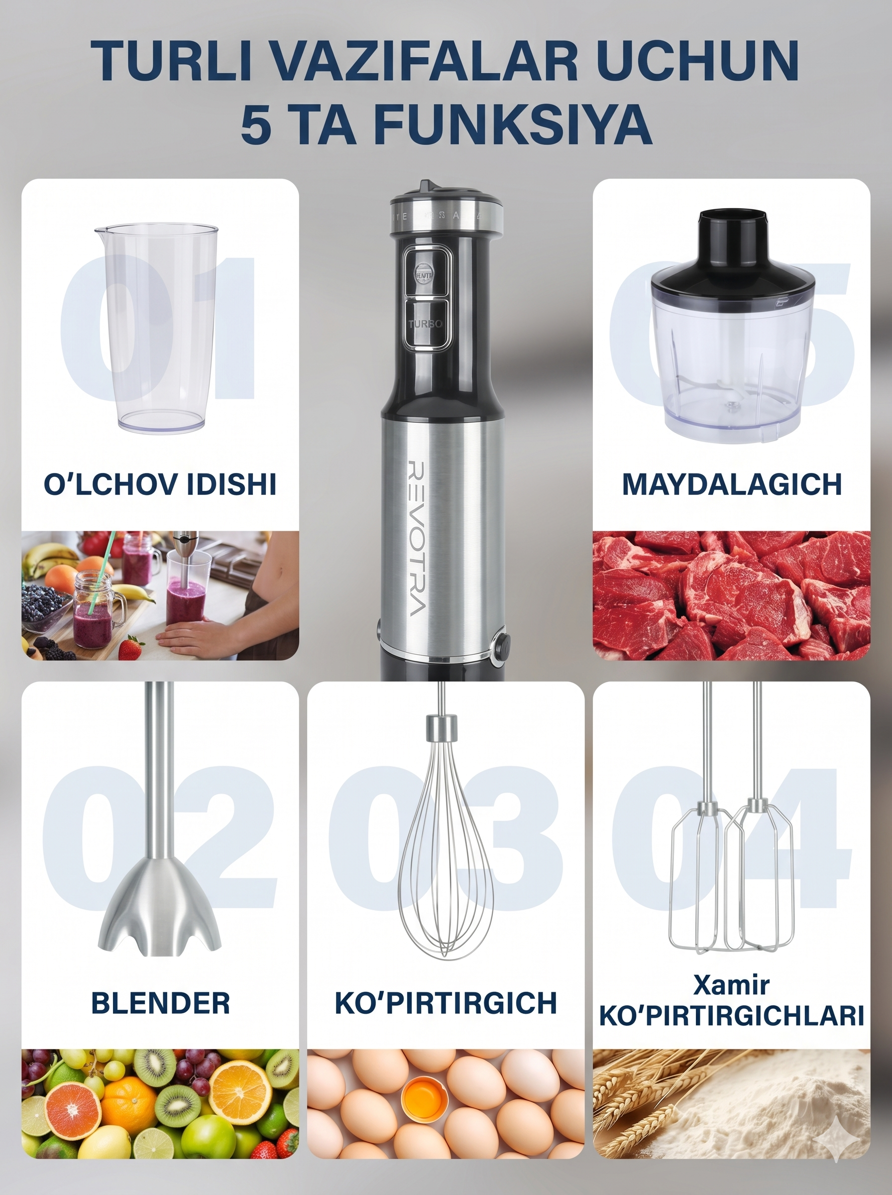 ORVICA ORM-3622 5 Funksiyali Qo'l Blenderi, 1800W, 12 Tezlik + Turbo, To'liq Komplekt - 6