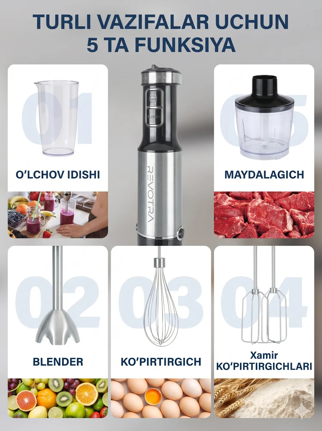 ORVICA ORM-3622 5 Funksiyali Qo'l Blenderi, 1800W, 12 Tezlik + Turbo, To'liq Komplekt
