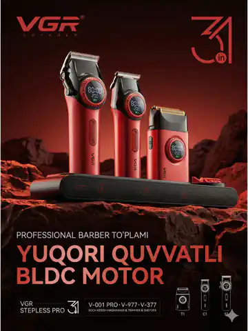 Soch va soqol olish uchun professional trimmer VGR STEPLESS PRO 3IN1, Qizil