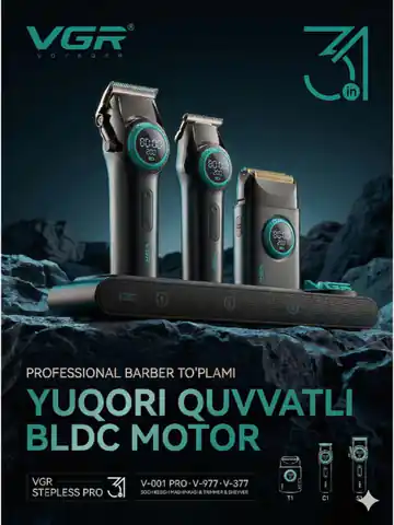 VGR STEPLESS PRO 3IN1 (V-001 PRO) professional soch va soqol olish mashinkasi to'plami, BLDC motorli, raqamli displeyli