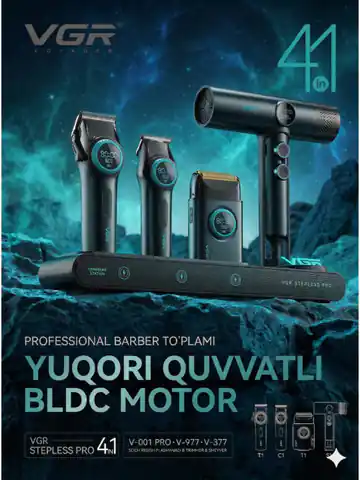 Soch va soqol olish uchun professional trimmer VGR STEPLESS PRO 4IN1, Ko'k