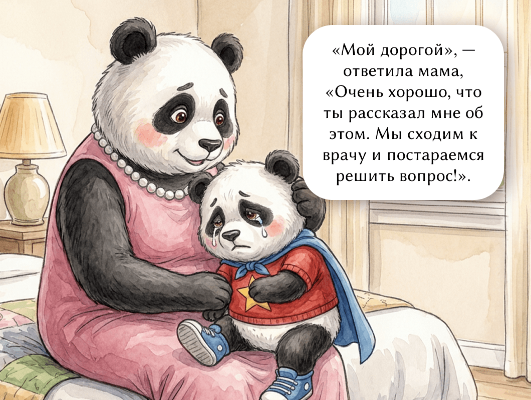 «Мой дорогой», —ответила мама, «Очень хорошо, что ты рассказал мне об этом. Мы сходим к врачу и постараемся решить вопрос!».