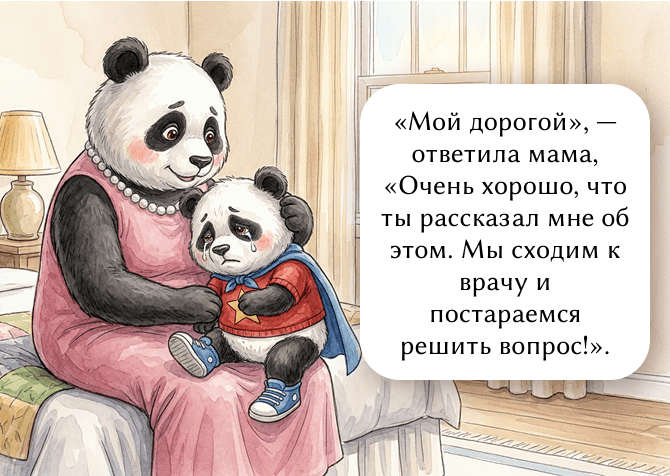 «Мой дорогой», —ответила мама, «Очень хорошо, что ты рассказал мне об этом. Мы сходим к врачу и постараемся решить вопрос!».