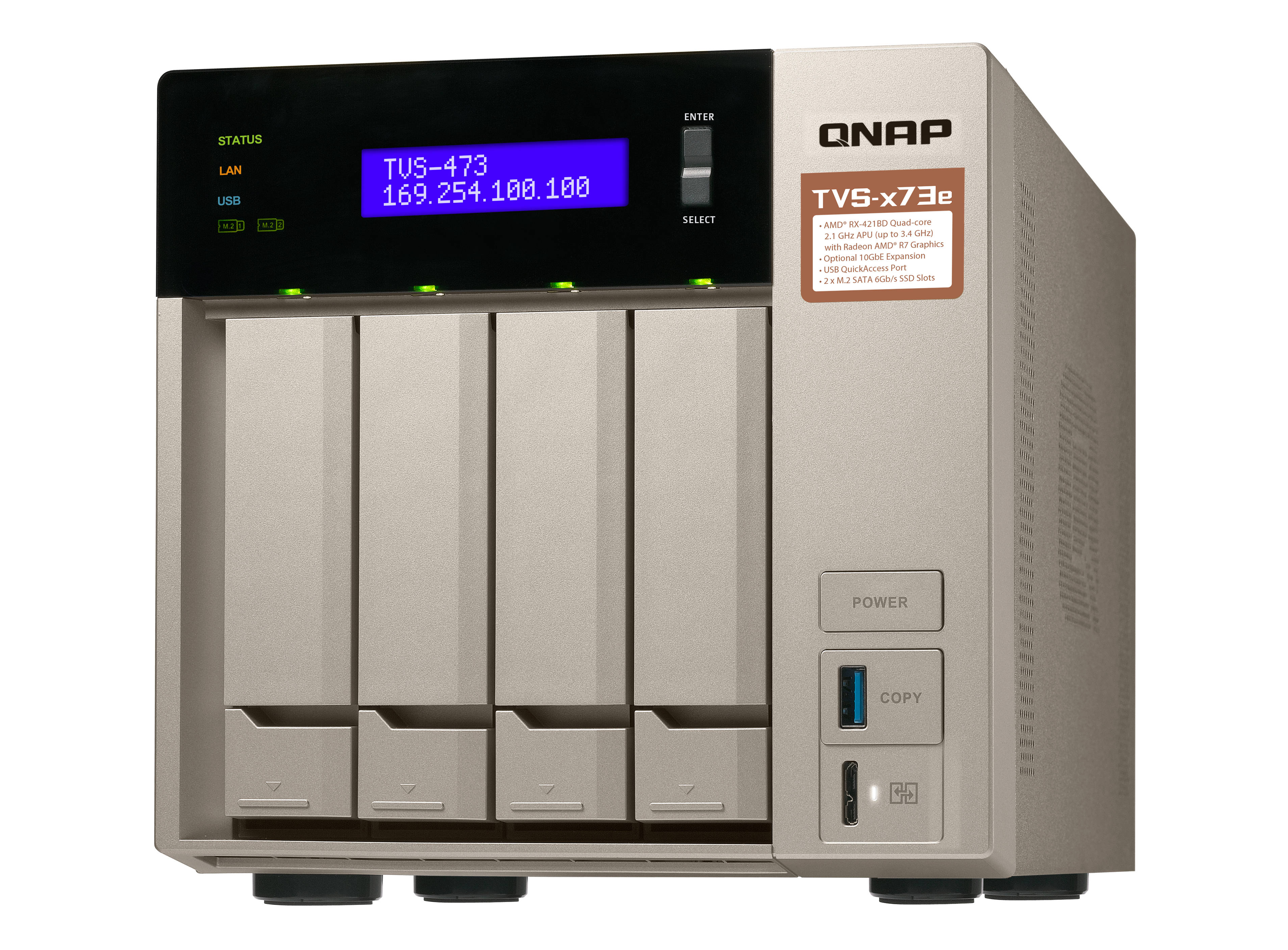 Сетевой RAID-накопитель QNAP 4 отсека для HDD, 2 слота M.2 SSD, 2 HDMI-порта. AMD RX-421BD 2,1 ГГц (до 3,4 ГГц ), 64 ГБ DDR4 TVS-473-64G TVS-473-64G