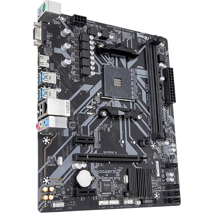 Материнская плата Gigabyte , Socket AM4, AMD B450, 2xDDR4-2933, D-SUB+HDMI, 1xPCI-Ex16, 2xPCI-Ex1, 4xSATA3(RAID 0/1/10), 1xM.2, 8 Ch Audio, GLan, (2+4)xUSB2.0, (4+2)xUSB3.1, 2xPS/2, mATX, RTL B450M H B450M H