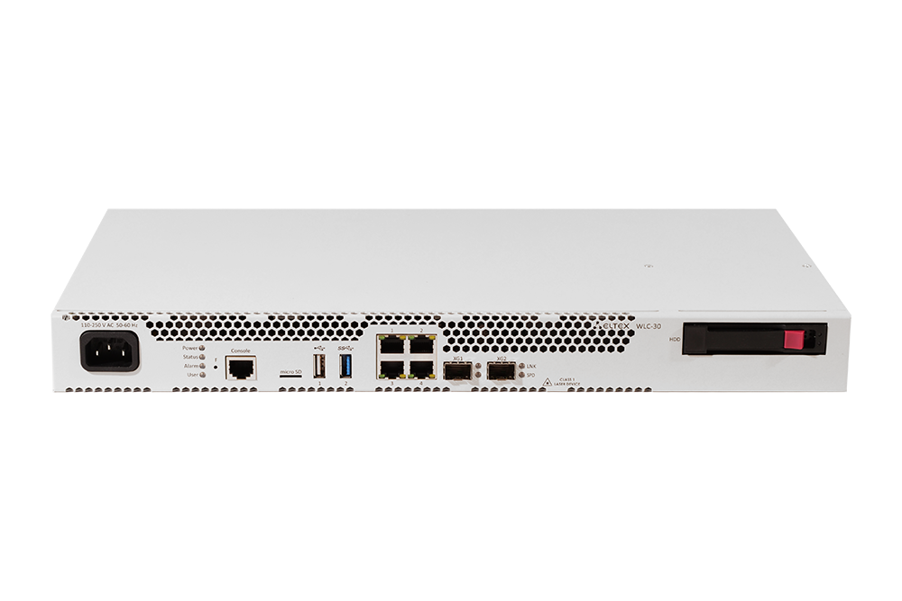 Контроллер Eltex  4x10/100/1000BASE-T, 2x10GBASE-R SFP+, 1x USB 2.0, 1x USB3.0, 1 слот для SD-карт, 220V AC, подключение до 150 точек доступа WLC-30 WLC-30