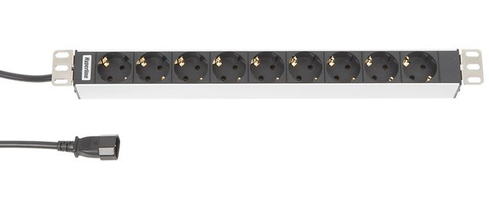 Блок розеток для 19" шкафов, горизонтальный, 9 розеток Schuko (10A), 230 В, кабель питания 1.5мм2, д SHT19-9SH-2.5IEC