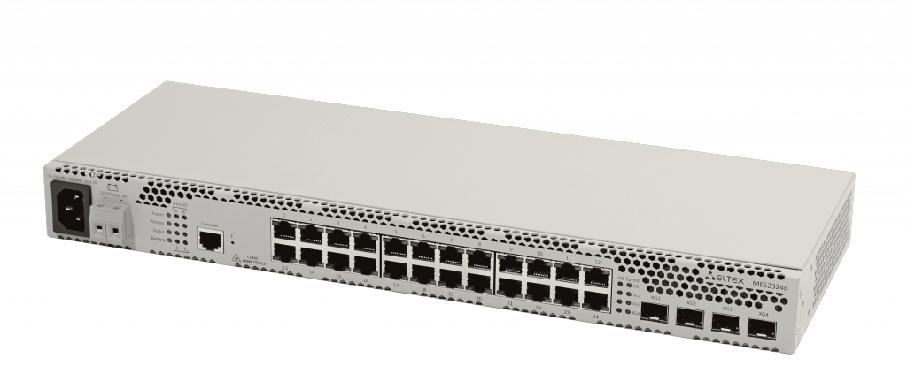 Коммутатор Eltex  24 порта 10/100/1000 Base-T, 4 порта 10GBase-R (SFP+)/1000Base-X (SFP), L3, 220V AC, 12DC MES2324B_AC MES2324B_AC