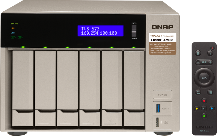 Сетевой RAID-накопитель QNAP 6 отсеков для HDD, 2 слота M.2 SSD, 2 HDMI-порта. AMD RX-421BD 2,1 ГГц (до 3,4 ГГц ), 16 ГБ DDR4 TVS-673-16G TVS-673-16G