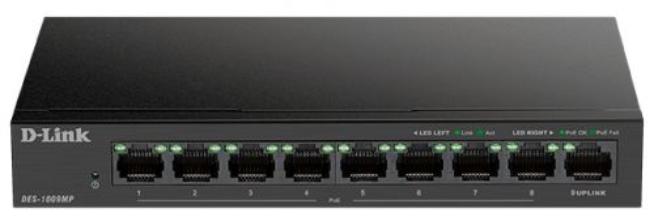 Коммутатор D-Link L2 Unmanaged Switch with 8 10/100Base-TX ports and 1 10/100/1000Base-T port (8 PoE ports 802.3af/802.3at(30W), PoE budget 117W) DES-1009MP/A1A DES-1009MP/A1A