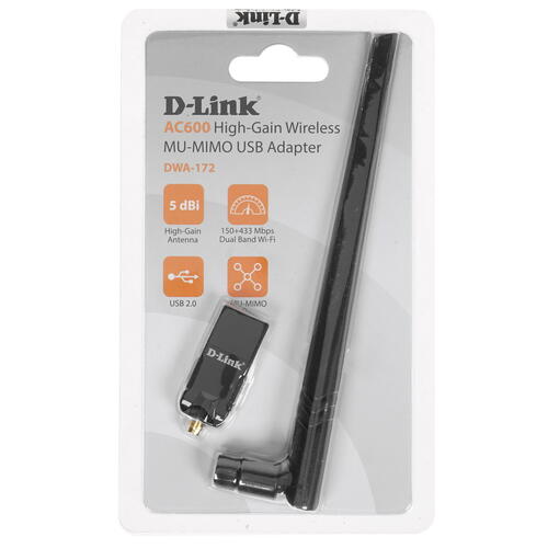 Адаптер D-Link Wireless AC600 Dual-band MU-MIMO USB Adapter DWA-172/RU/B1A DWA-172/RU/B1A