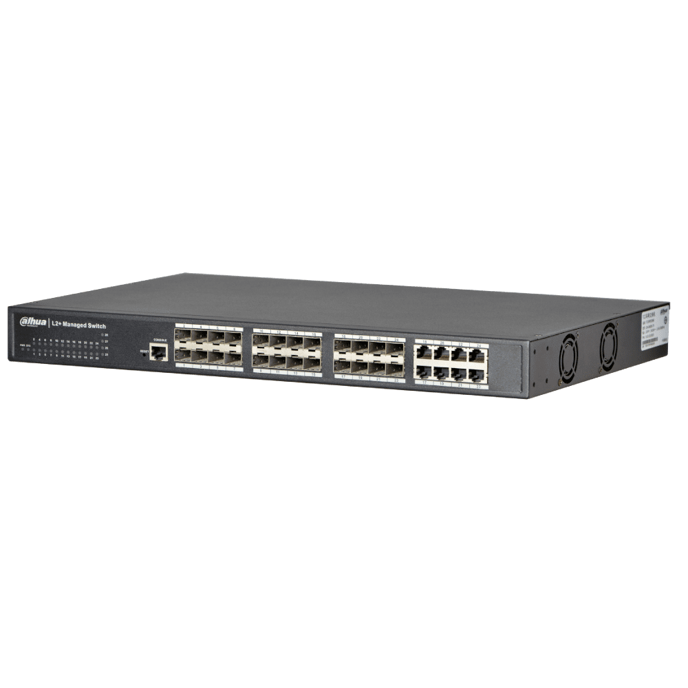 Коммутатор Dahua 24-портовый управляемый коммутатор, уровень L2+ Порты: 16 SFP 1000Мбит/с, 8 комбинированных SFP/RJ45 1000Мбит/с DH-PFS5924-24X DH-PFS5924-24X