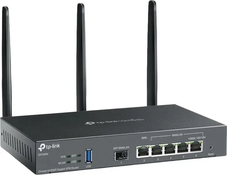 Маршрутизатор TP-Link Omada гигабитный 6-портовый (1xSFP WAN,1xRJ45 WAN,2xRJ45 LAN/WAN,2xRJ45 LAN) модулем Wi-Fi 6 и USB-портом для подключения 4G-модема ER706W ER706W